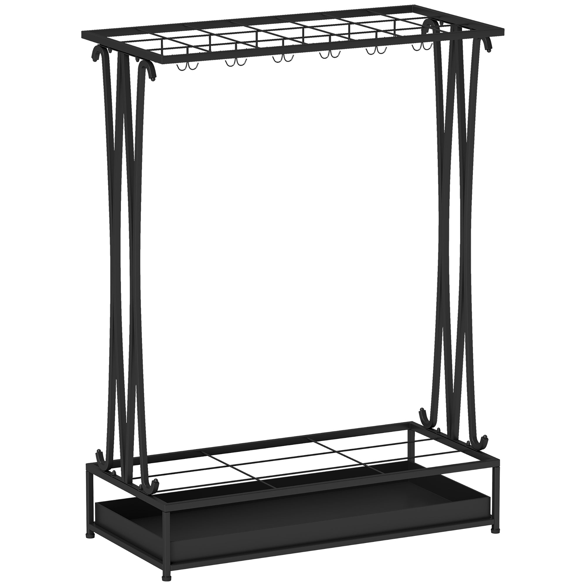 Umbrella Stand, Rectangular Holder with 24 Hooks/Removable Water Tray, Steel Black