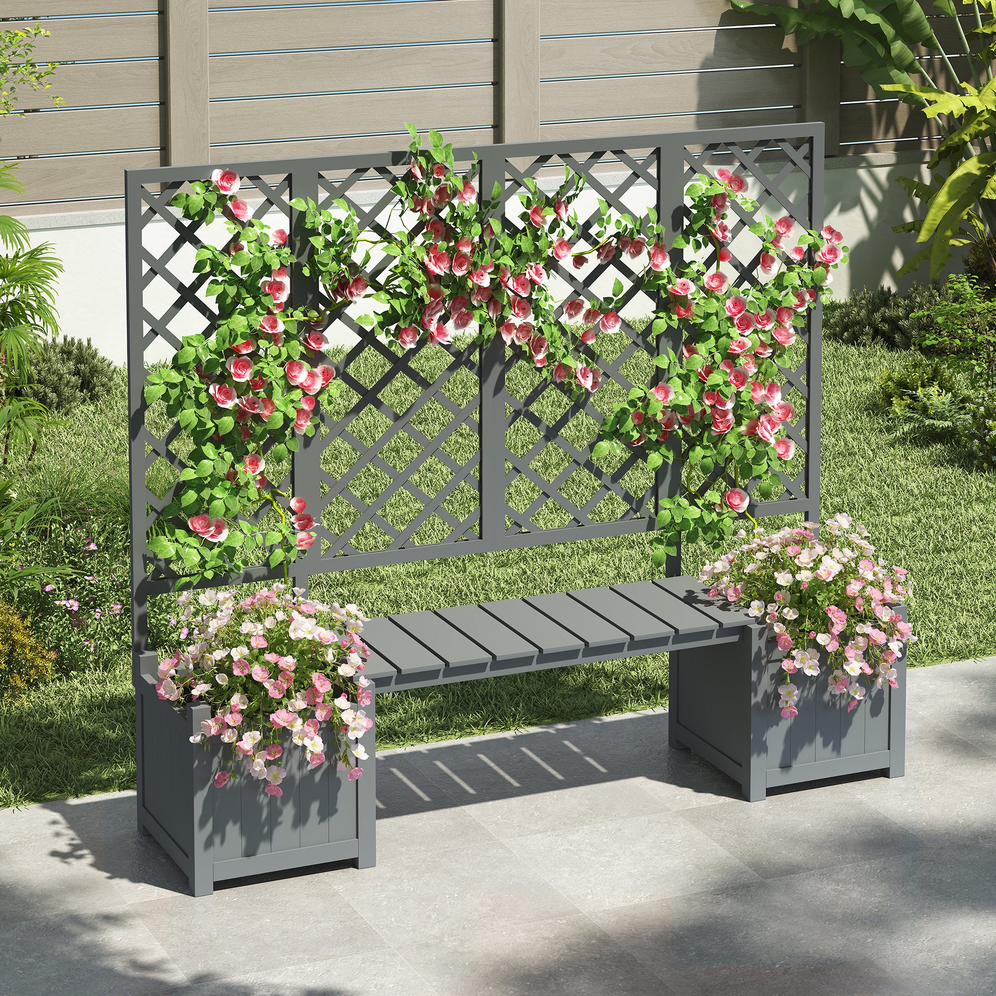 Planter Box with Trellis and Seating - Solid Grey Fir