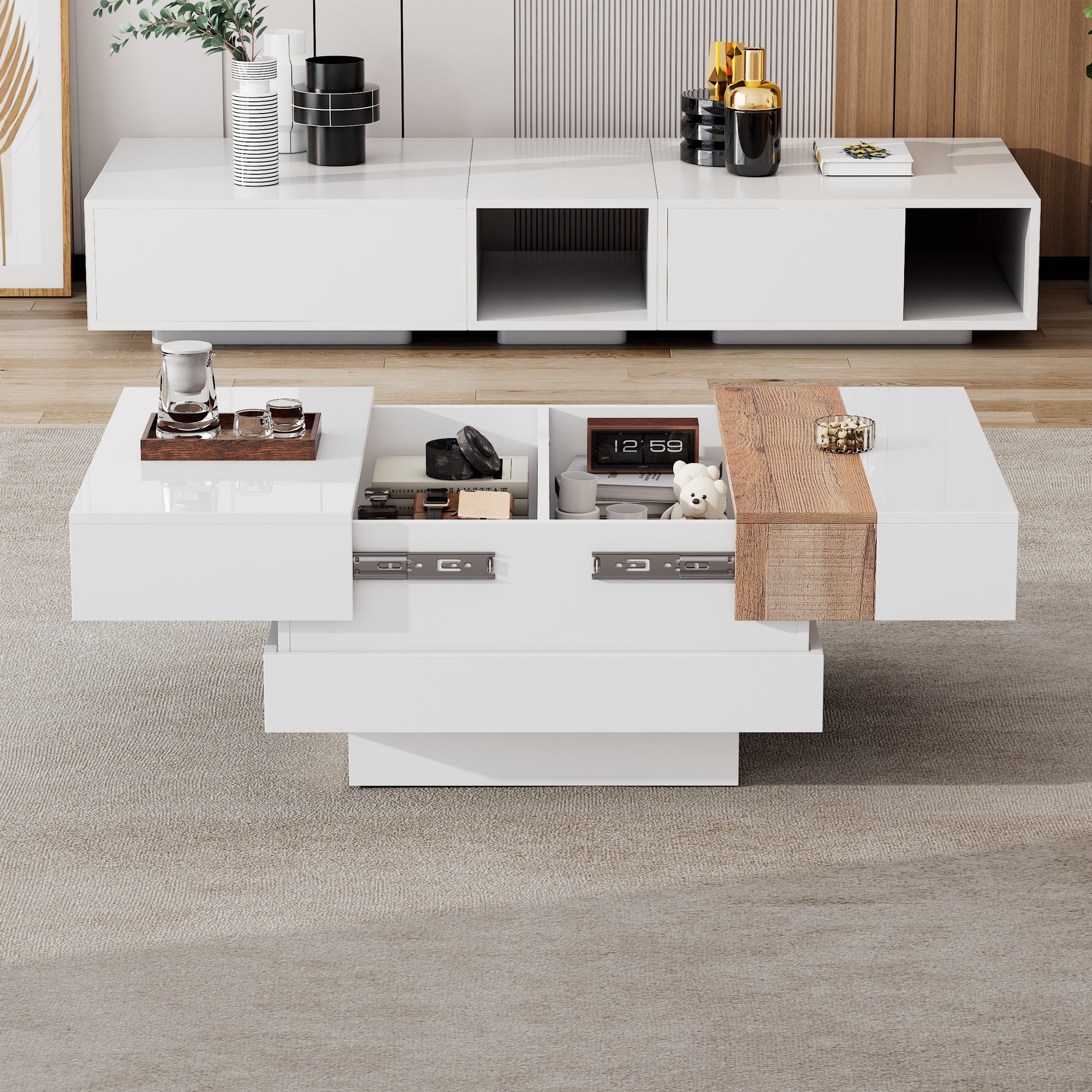Coffee Table, Square with Extendable Top & Hidden Storage, White High Gloss
