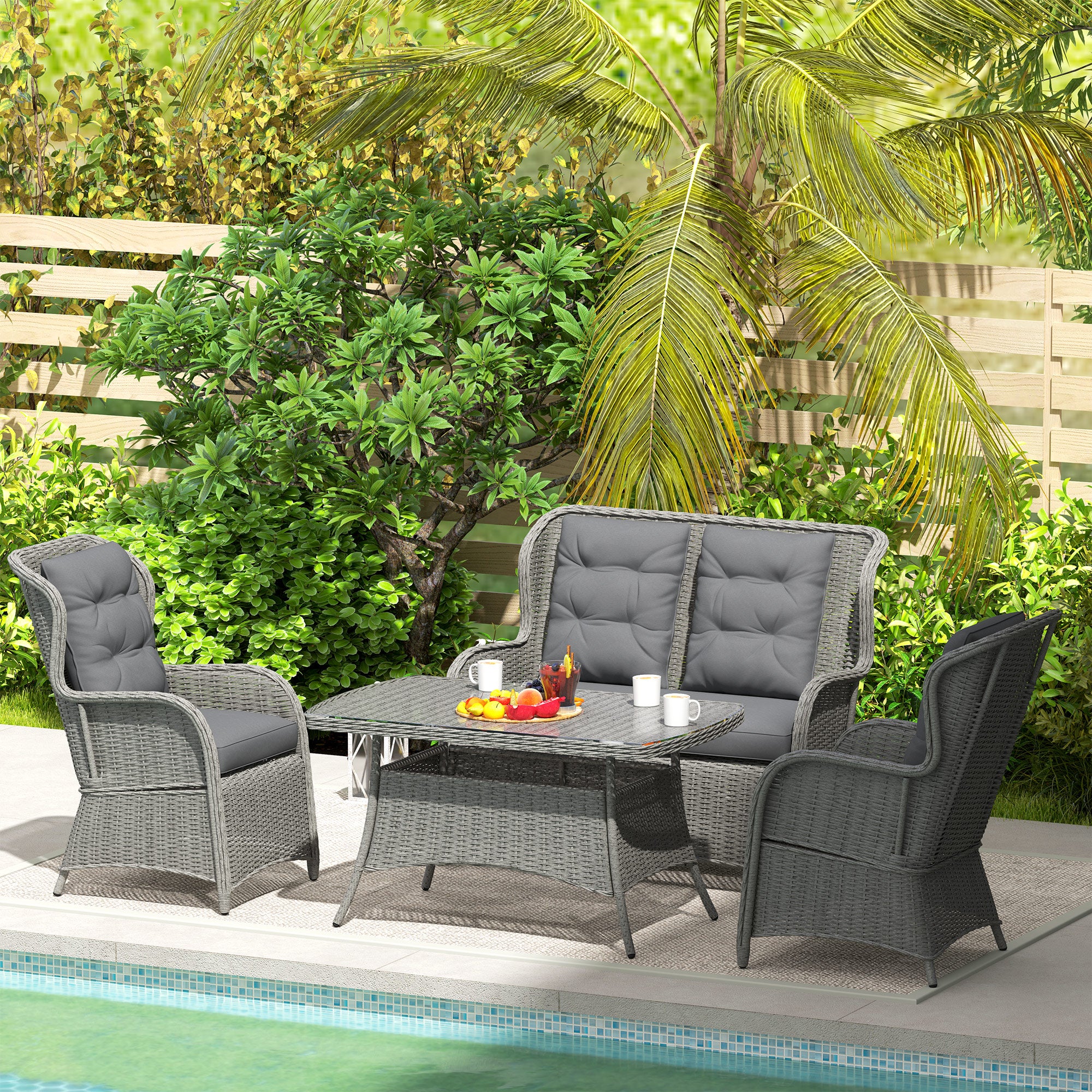 Garden PE Rattan Dining Sofa Set, 4 Seater High Back Wicker Chairs and Glass Table, Light Grey