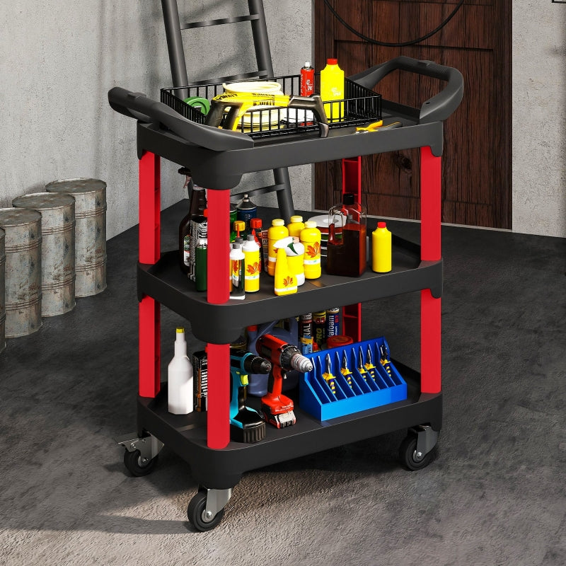 Workshop trolley with 3 levels, handle, 68 kg load capacity, black