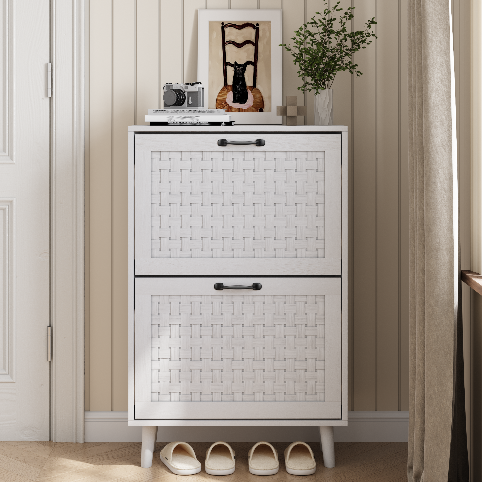 Shoe Storage Cabinet, Rattan Drawers Solid Wood Legs Narrow Slim, Handmade