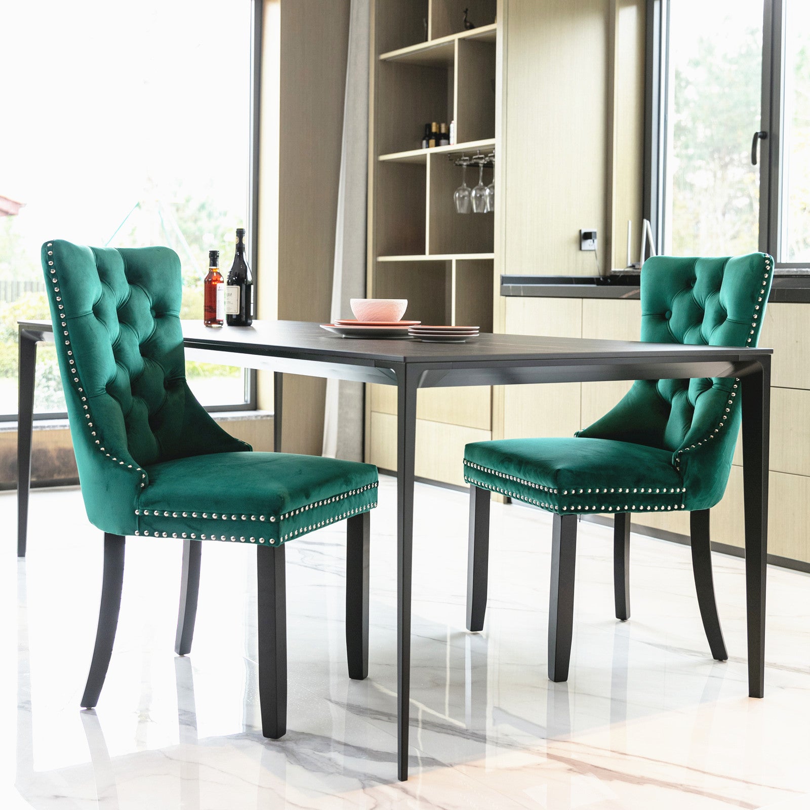 Nikki Collection Tufted Velvet Dining Chair Set, Solid Wood Legs, Green