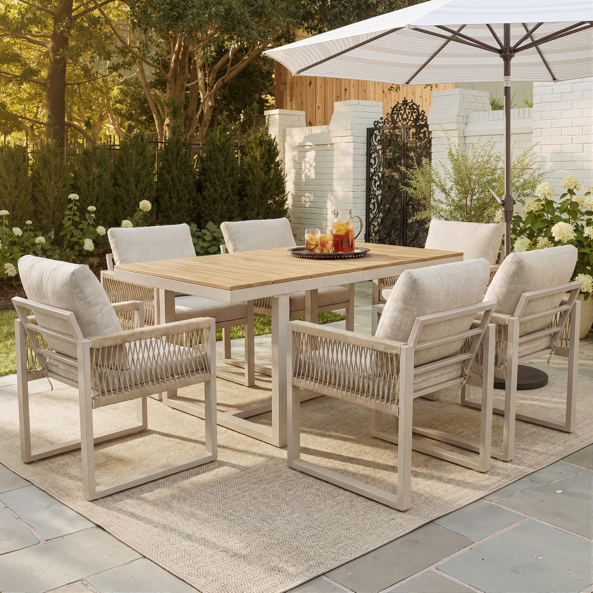 7-Piece Garden Dining Set with 1 Table and 6 Rope Weave Chairs, Weatherproof Cushions, Beige