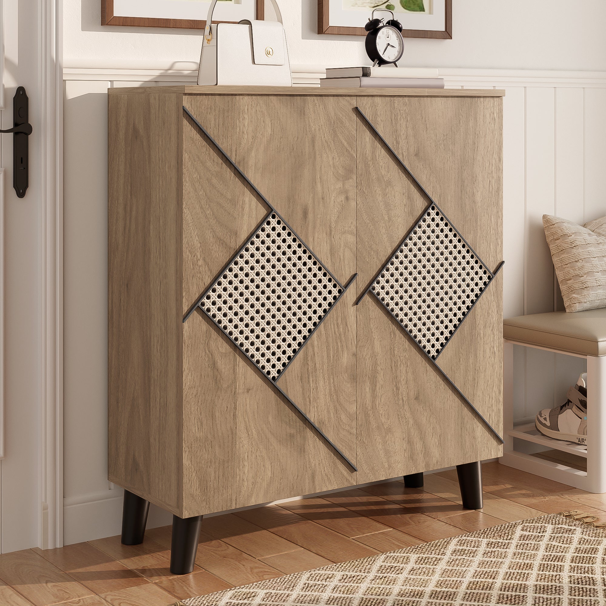 Modern Shoe Cabinet, 80x32x91 cm, Storage, Rattan Pattern, Wood Look