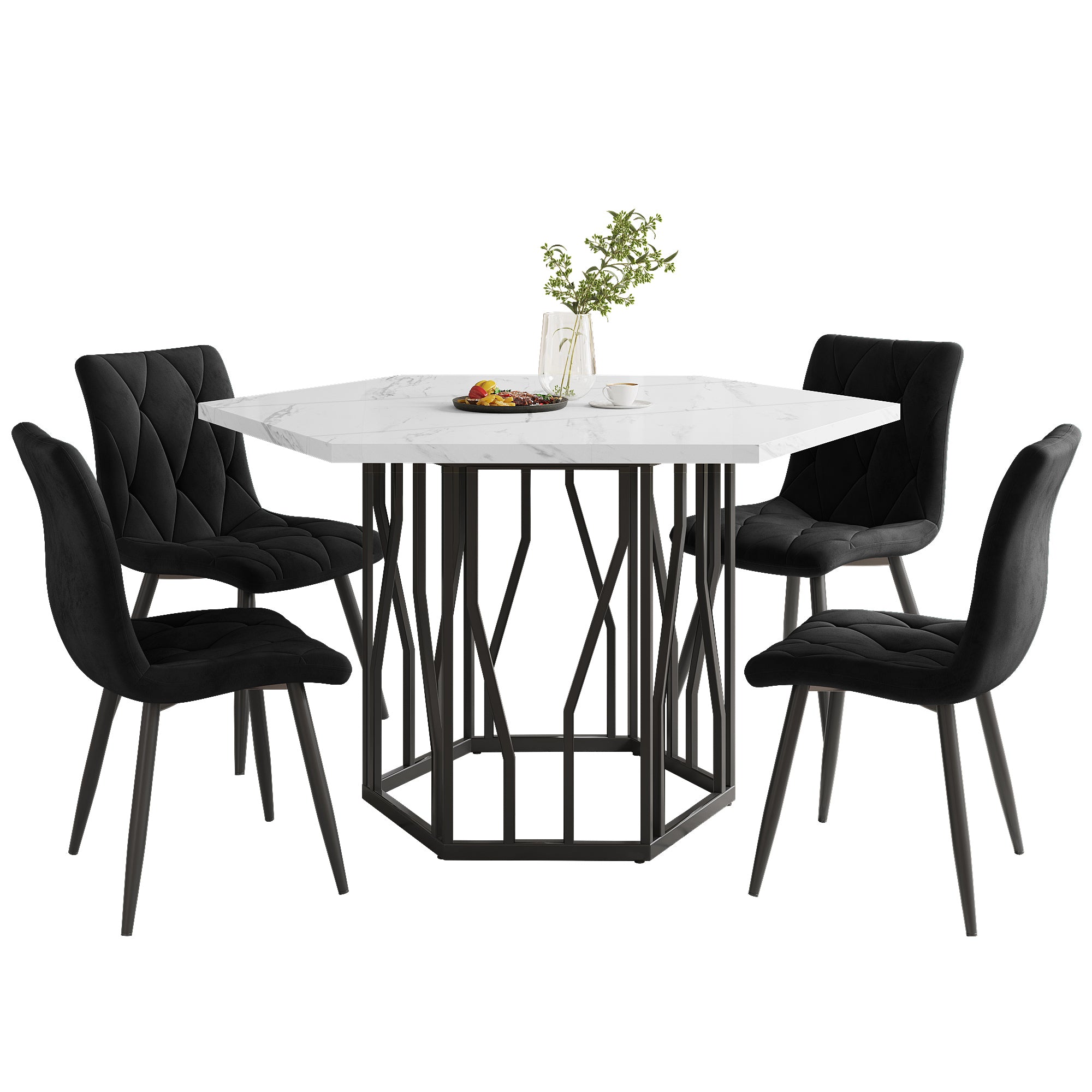 5-Piece Dining Set, Modern Hexagonal Marble Table with 4 Chairs, Black Velvet