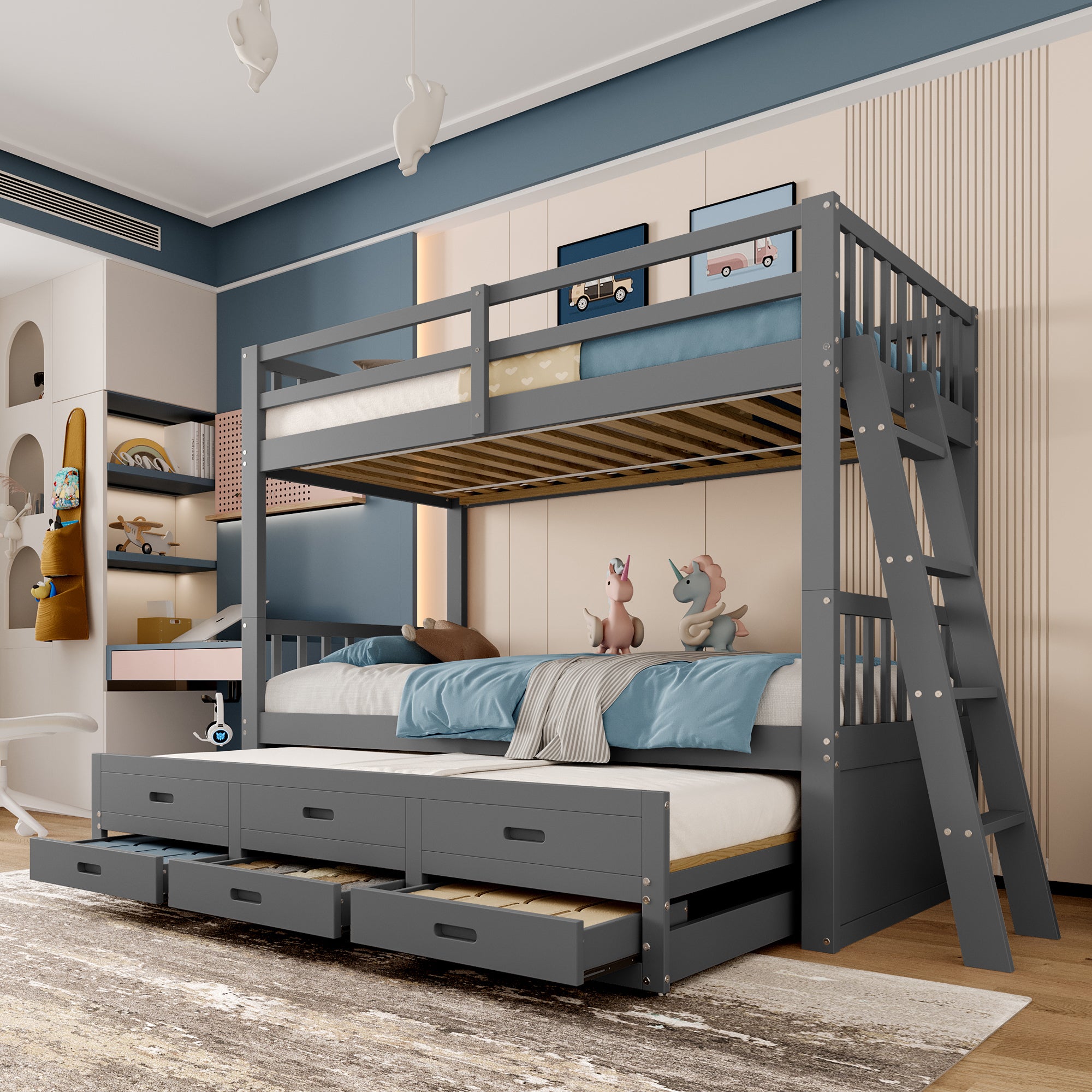 Bunk Bed 90x200cm House with Pull-Out Bed, Ladder & 3 Drawers, Pine Wood/MDF Grey