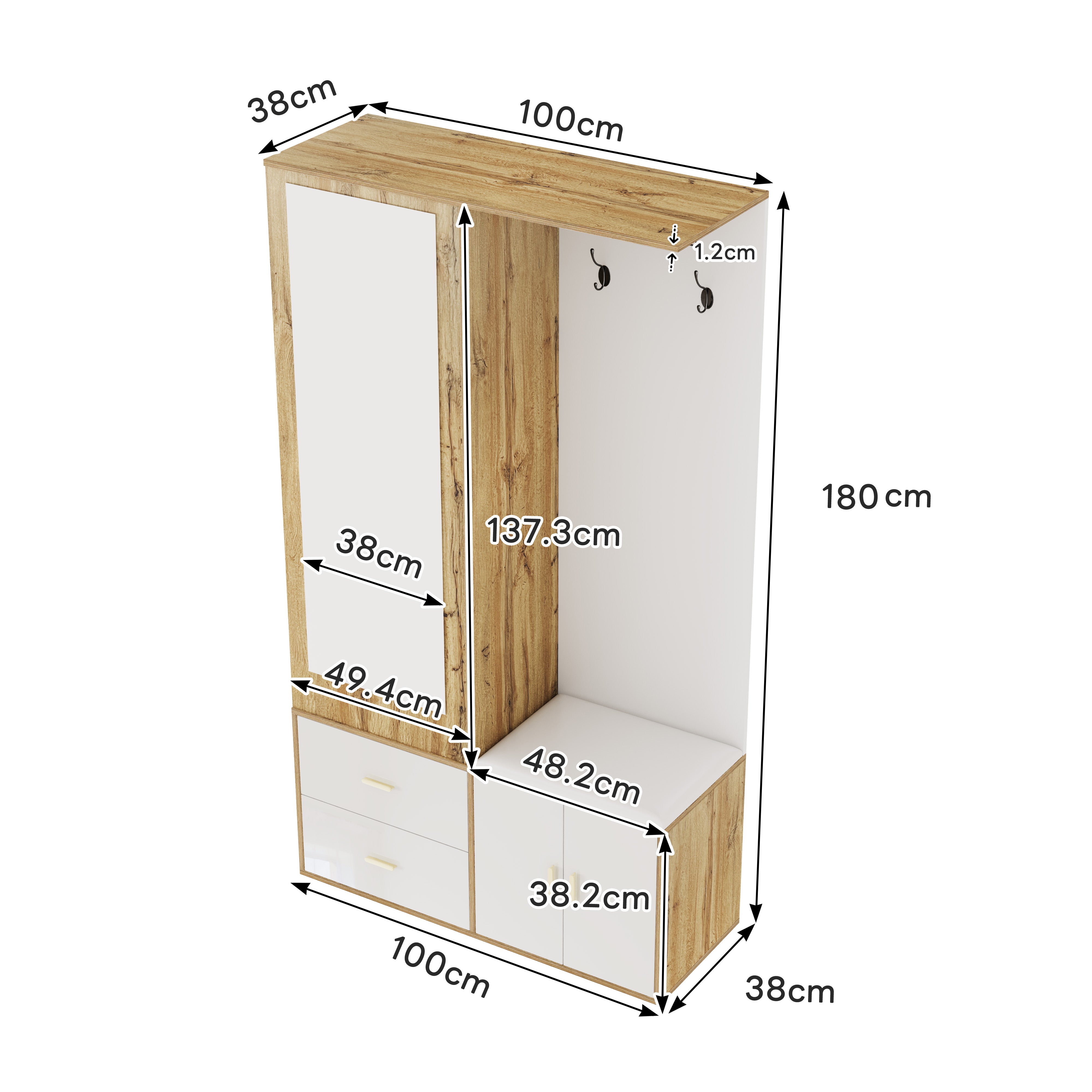 Wardrobe Set with Mirror, Shoe Cabinet & Bench, White and Wood