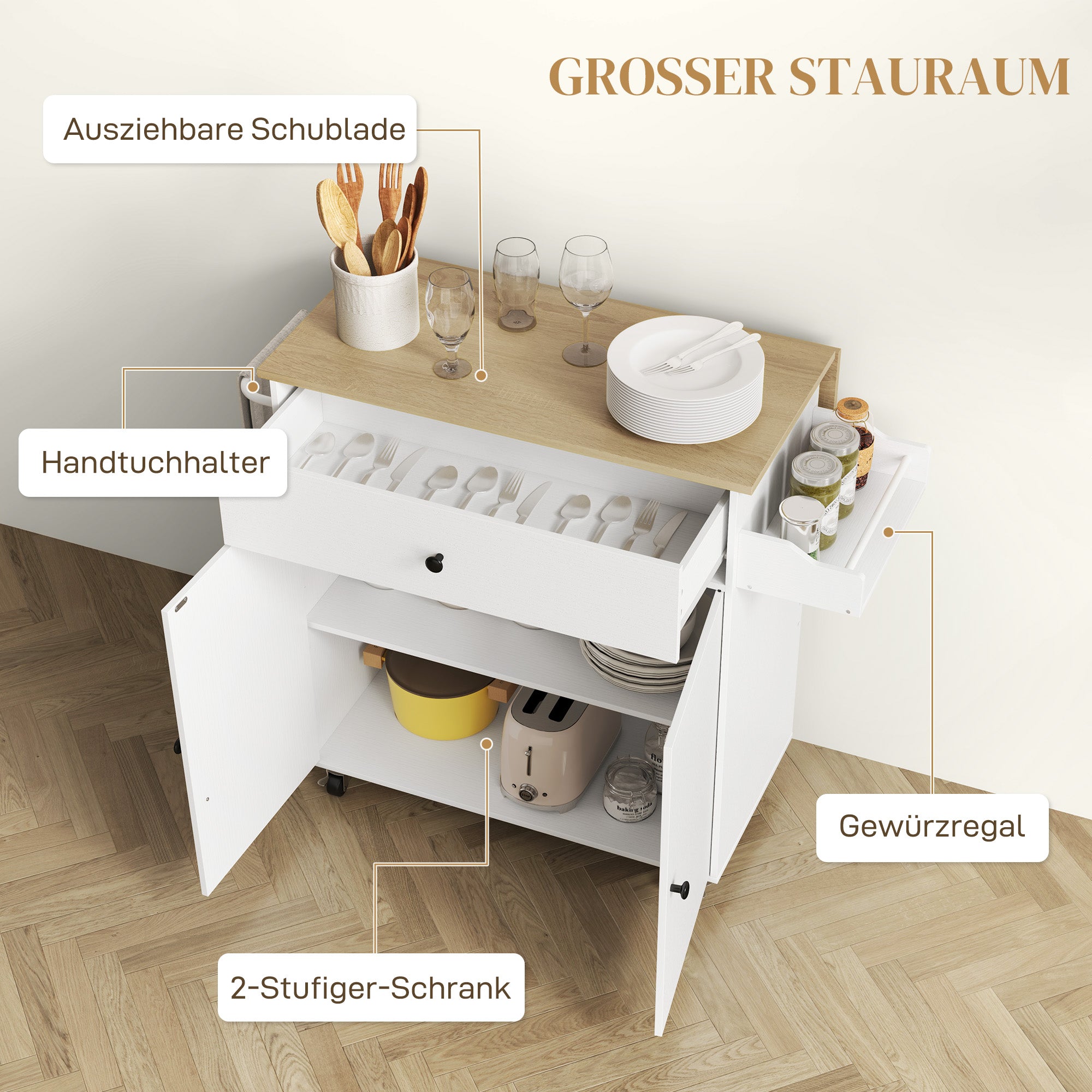 Kitchen Island, Folding Worktop & Storage, White