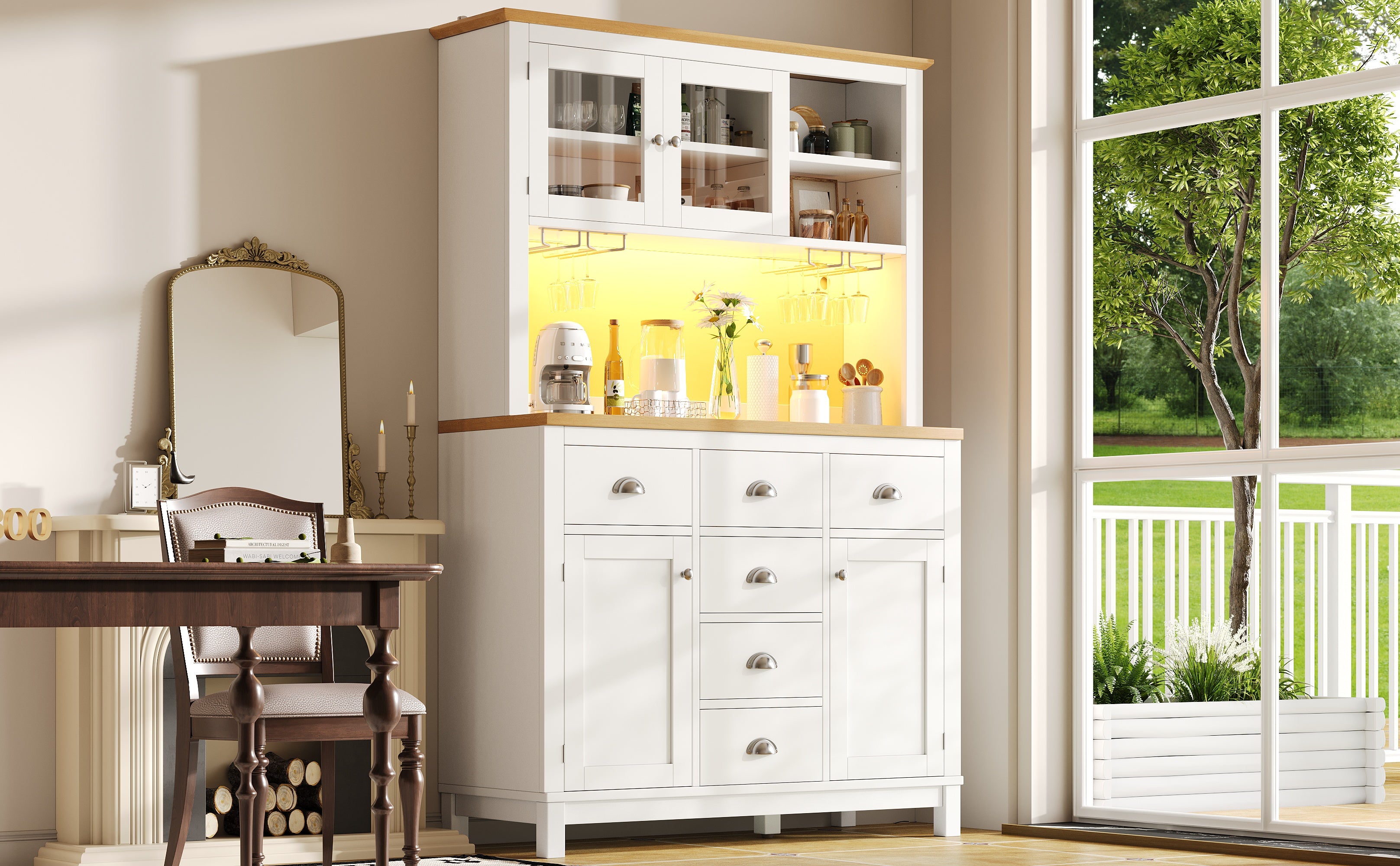 Sideboard Buffet Cabinet with 4 Doors and LED Light Strip, Green and White