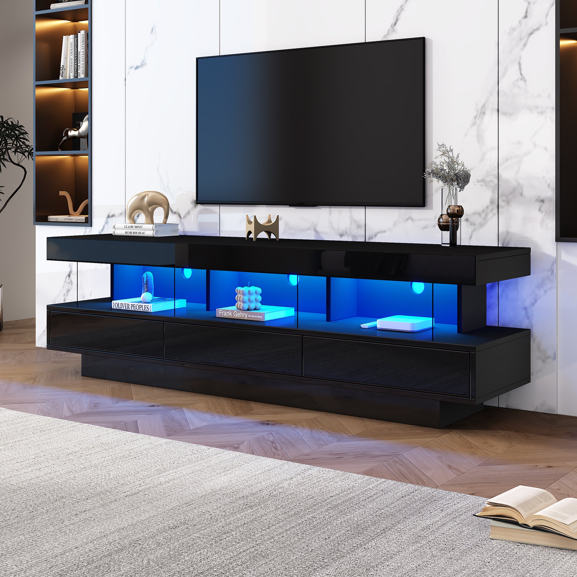 TV Stand, LED Lighting, App Control, Bluetooth Connectivity for 70-inch TVs, Black High Gloss Glass