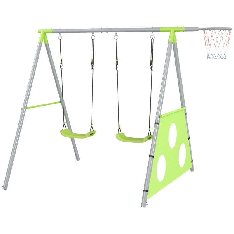 AIYAPLAY 3 in 1 Swing Set, Outdoor with 2 Swings, Basketball Hoop, Soccer Goal, Metal Frame