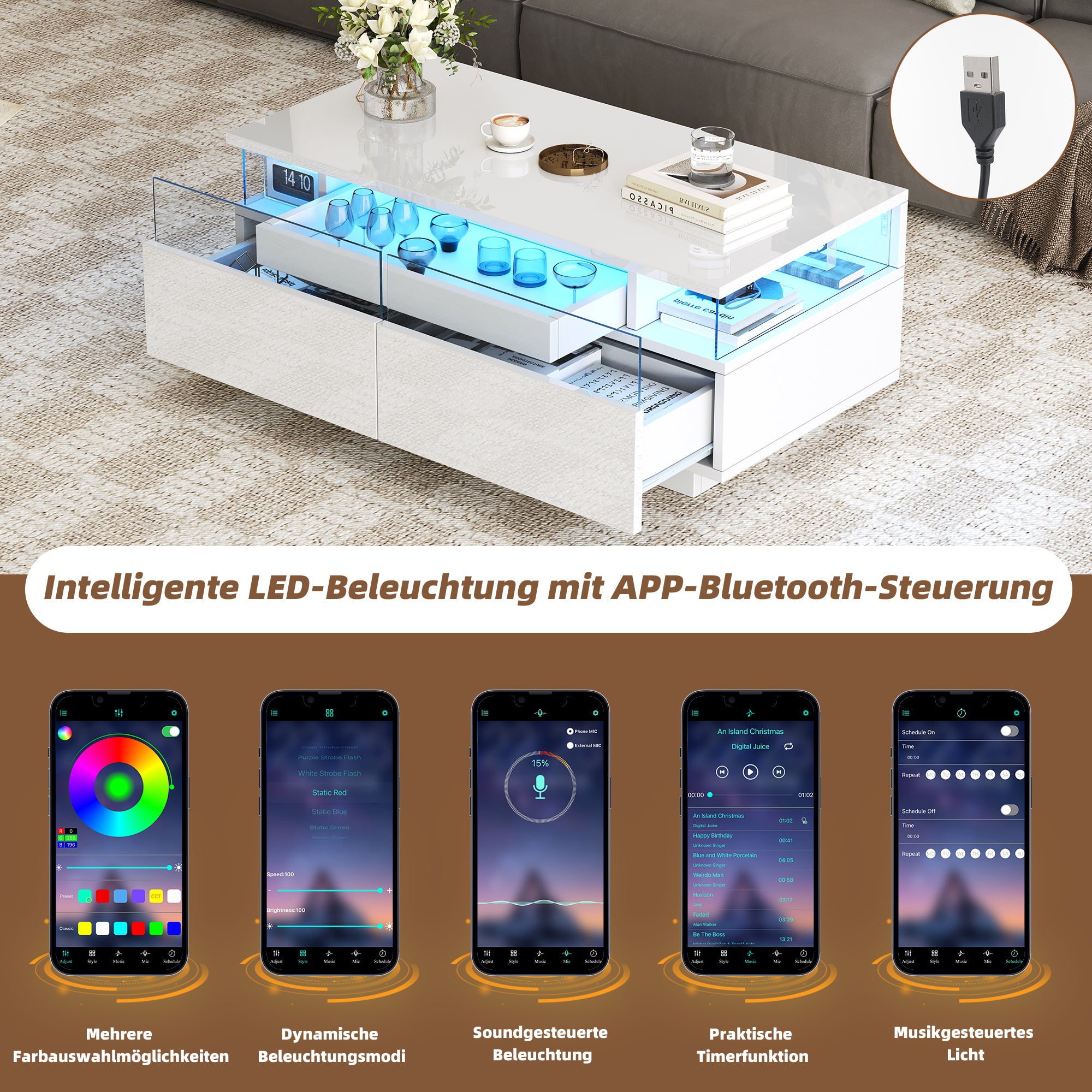 Coffee Table with Tray, 90 x 45 x 35.5 cm, 2 Drawers, Tempered Glass, LED Light, White