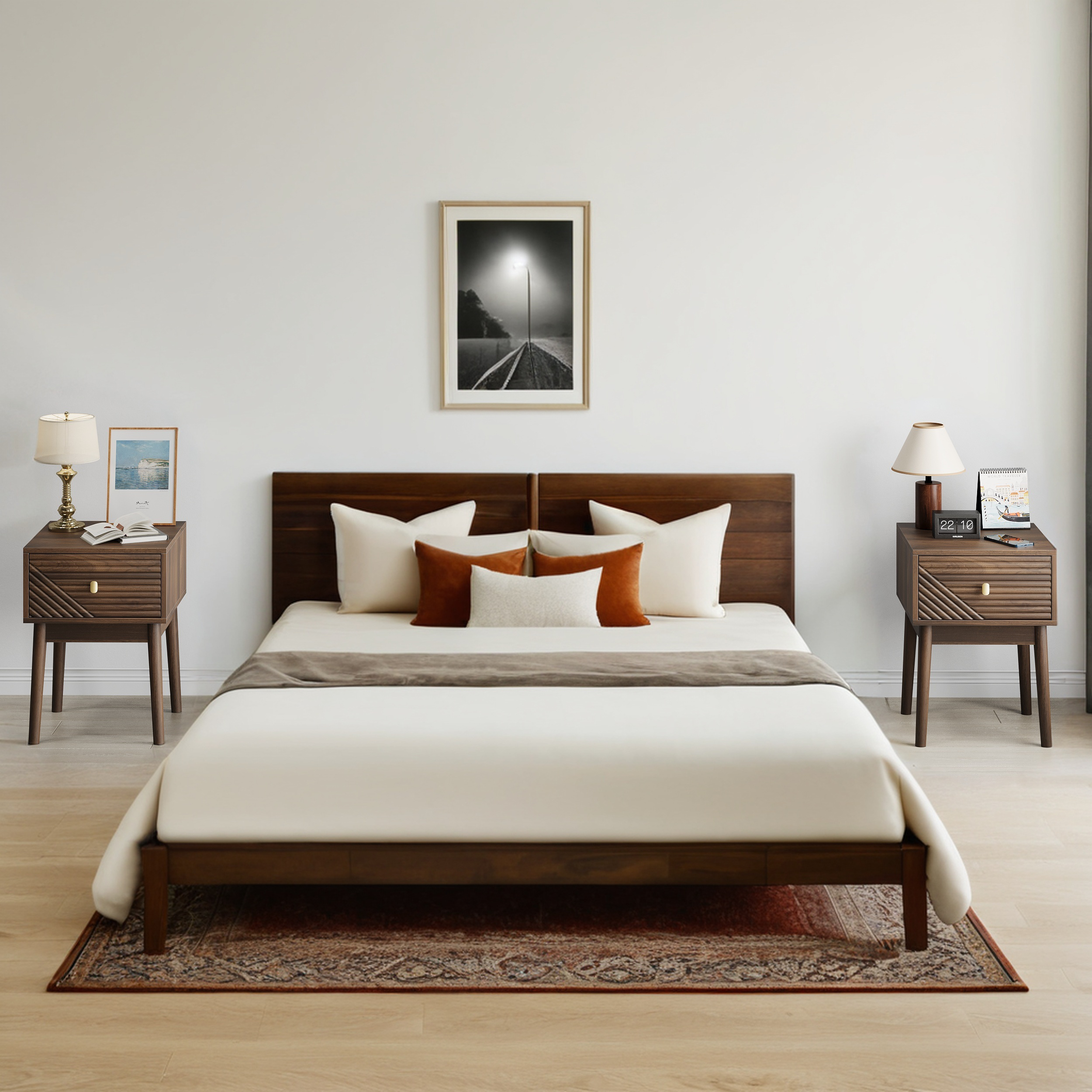 Mid-Century Modern Nightstand 2-Piece Set with Metal Handles - Walnut