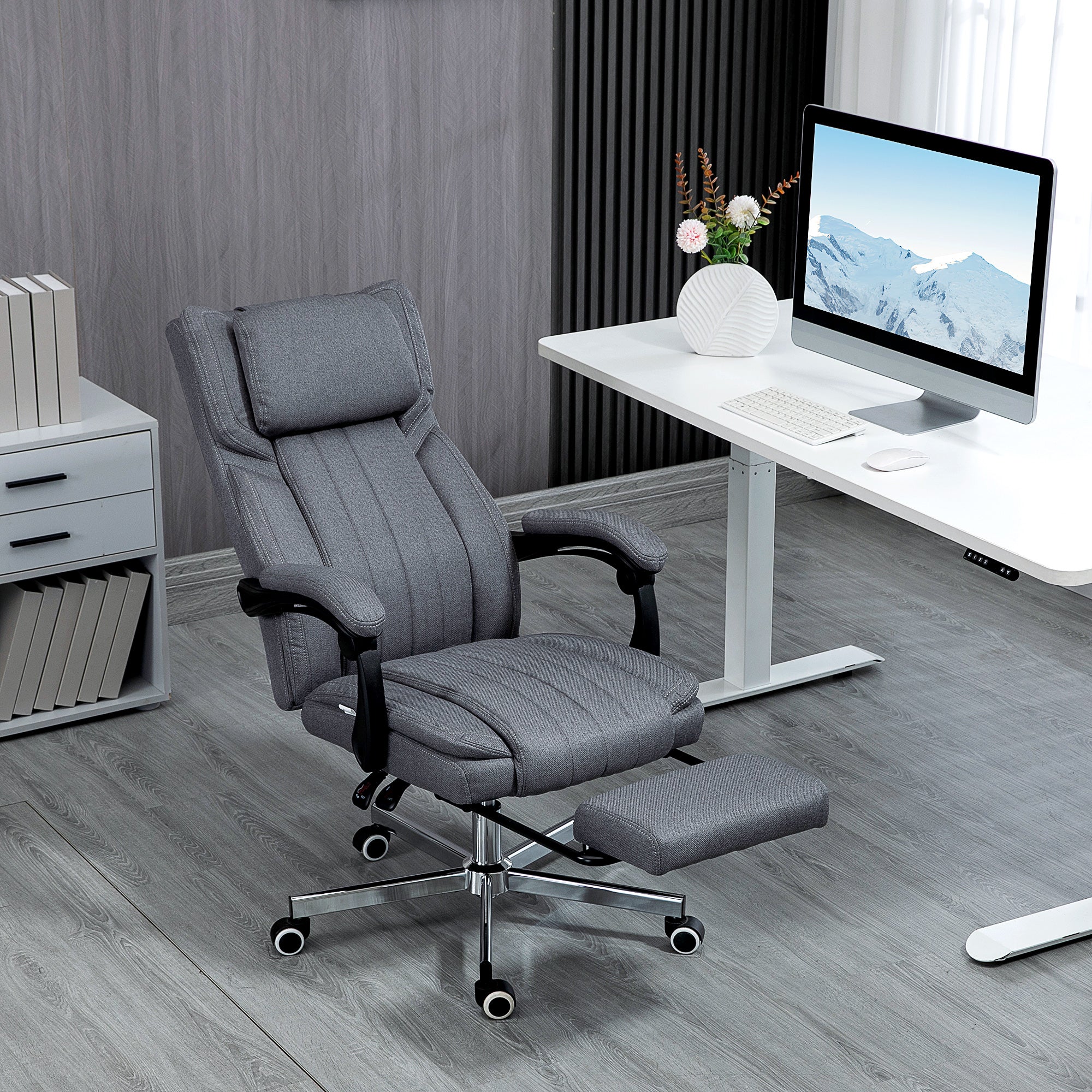Office Chair Massage Modes Reclining Height Adjustable Footrest, Grey Linen Look