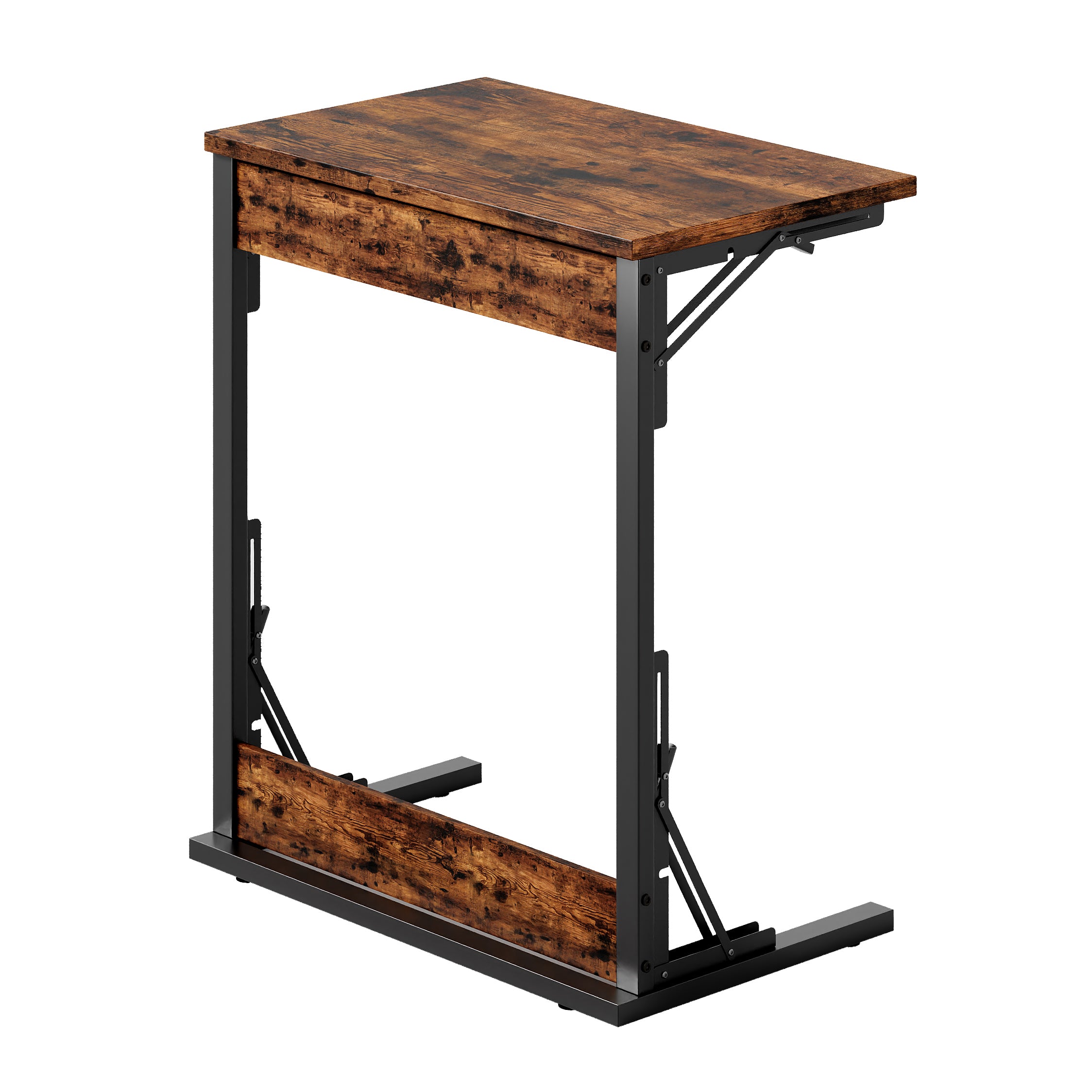 C-shaped Side Table Foldable Metal Frame Adjustable Feet TV Tray - Brown