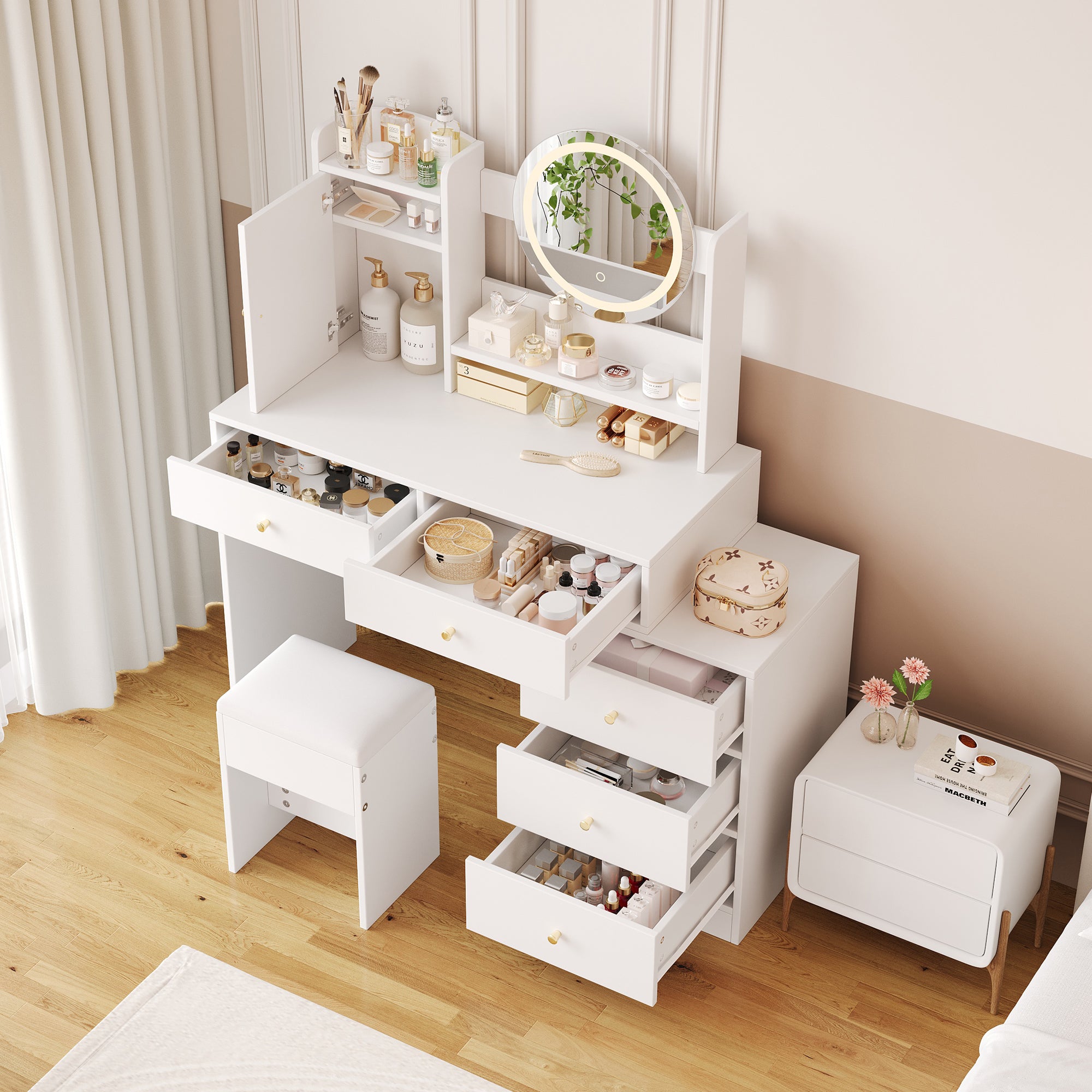 Dressing Table with Dimmable LED Lighting, Integrated Outlets, Mirror, Stool, 5 Drawers, Door Compartment, White
