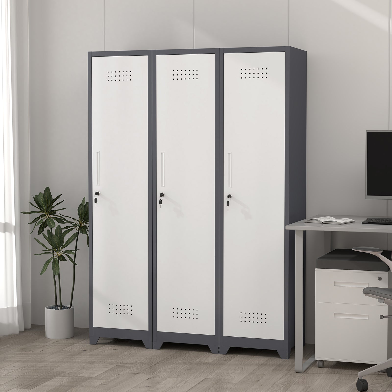 Slim Broom Storage Cabinet with Shelves, Hanging Rod & Locking Door - Metal