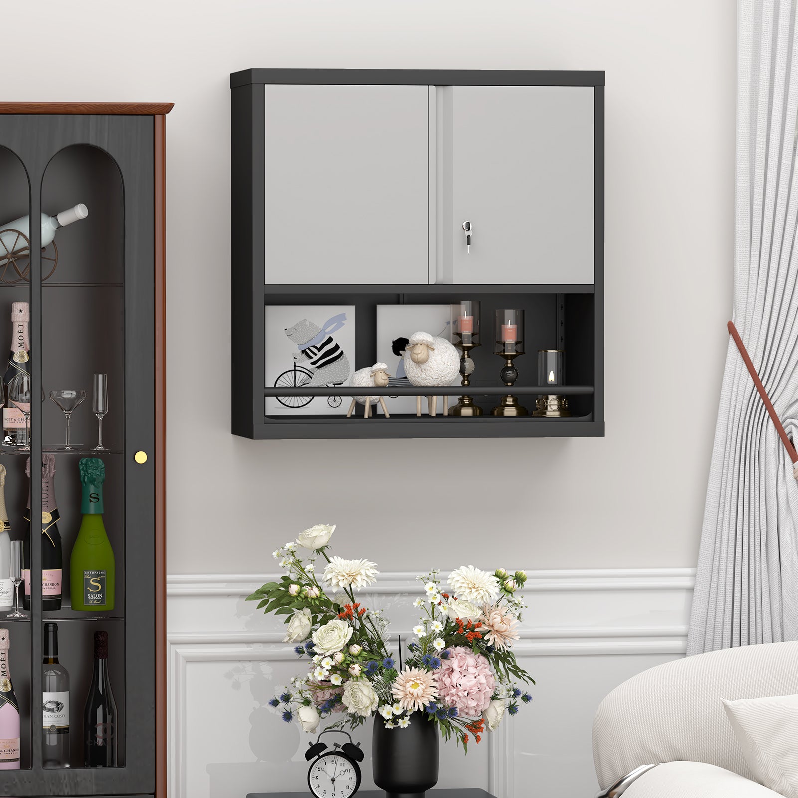 Storage Cabinet with 2 Doors and Adjustable Shelves, Black Metal