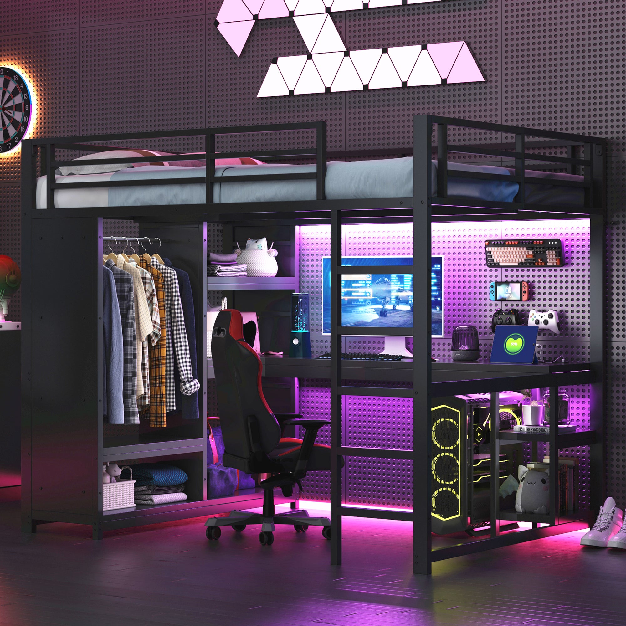 140x200 Gaming Loft Bed with LED, Desk & Storage, Metal Black