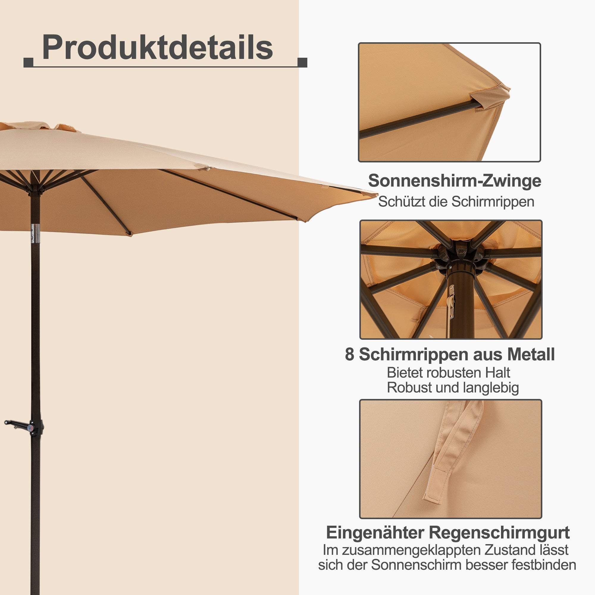 Garden Parasol 300x245cm, Double Crank, 8-Rib, Waterproof, Tilt Adjustment (Khaki)