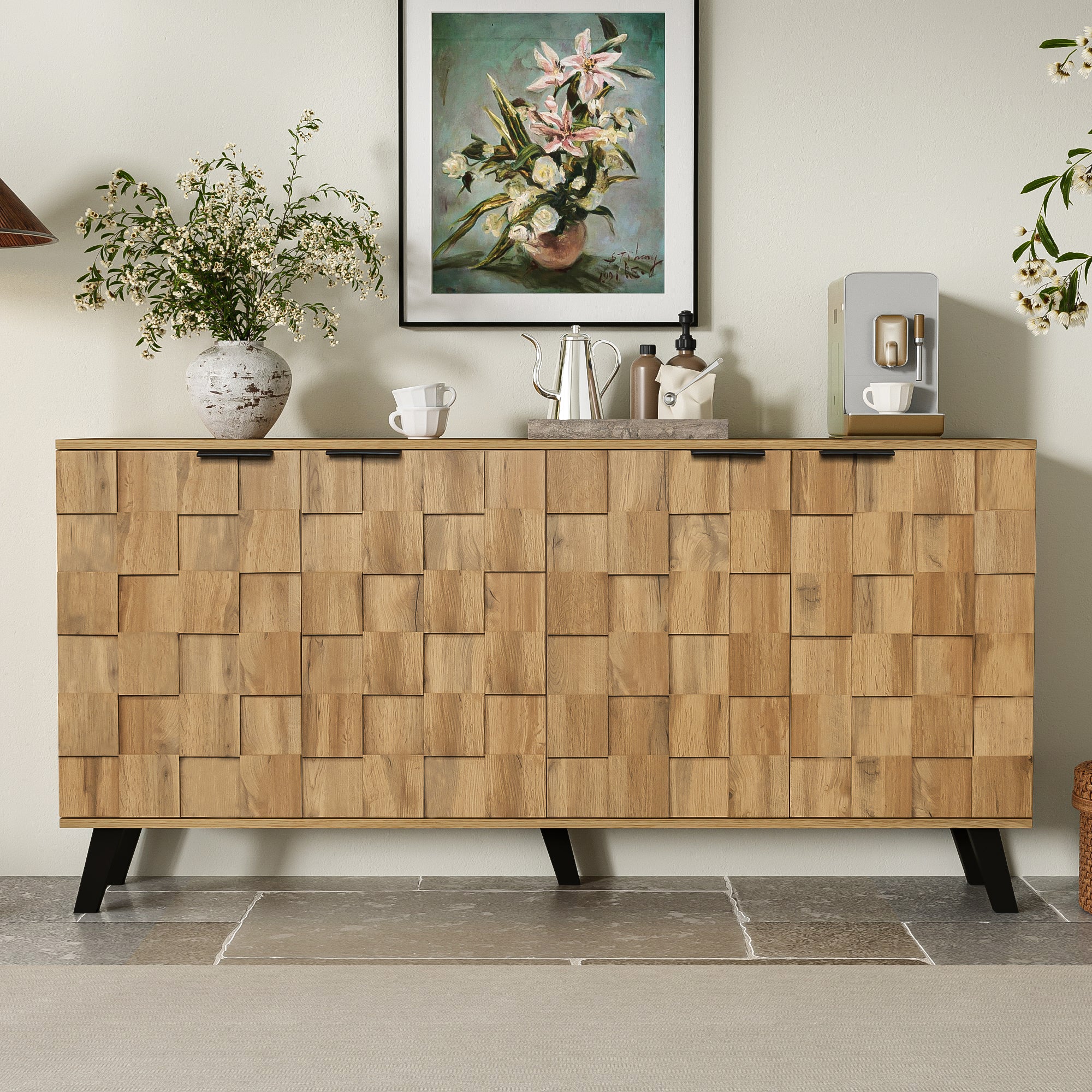 Sideboard, 4 Doors Storage, Wood Color