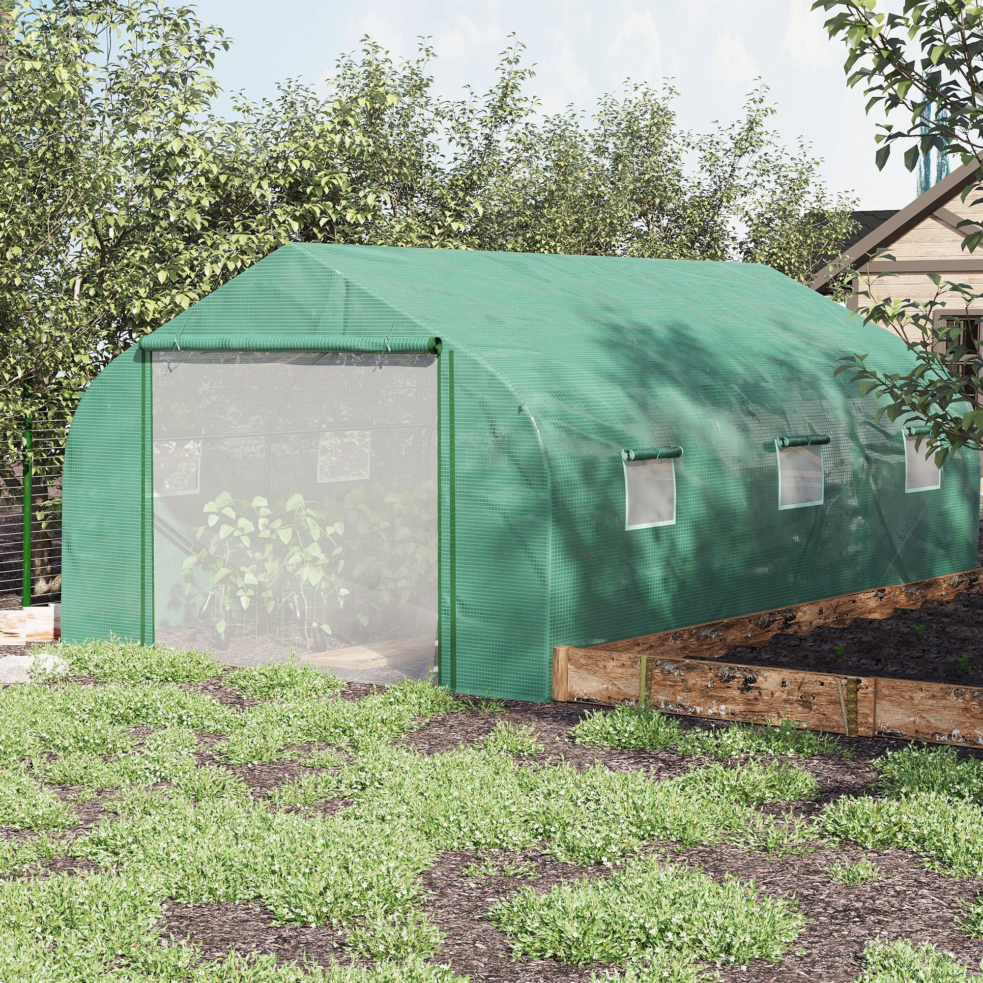 Walk-in Polytunnel Greenhouse, Outdoor Mesh Door & 6 Windows, PE Cover, Green