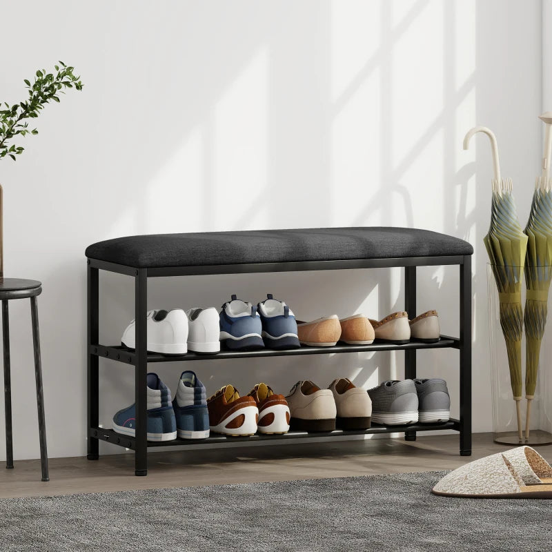 Shoe Bench with Seat, Storage & 2 Open Compartments - Black