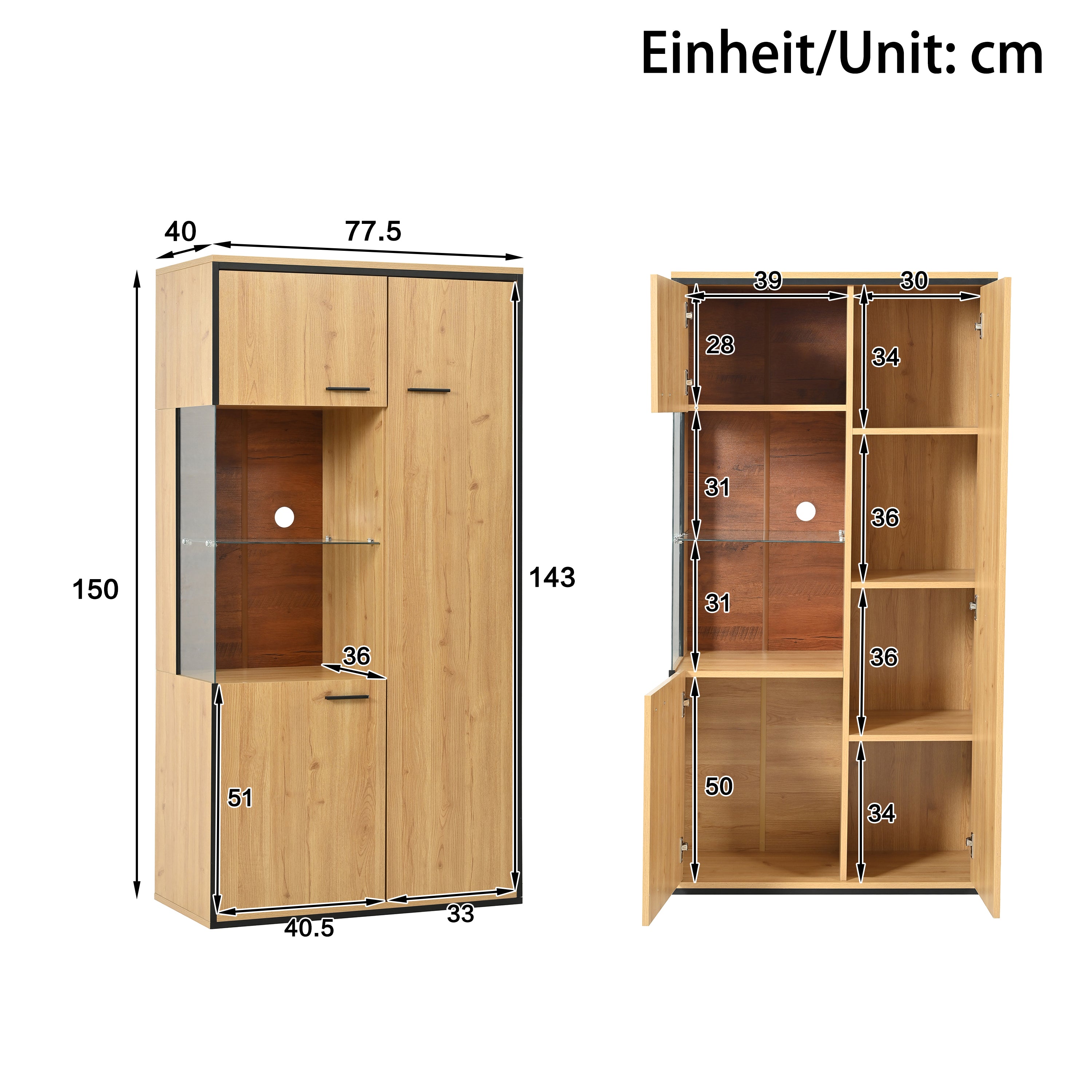 Display Cabinet, 150Hcm LED Glass Multi-Purpose, 15 Color Options