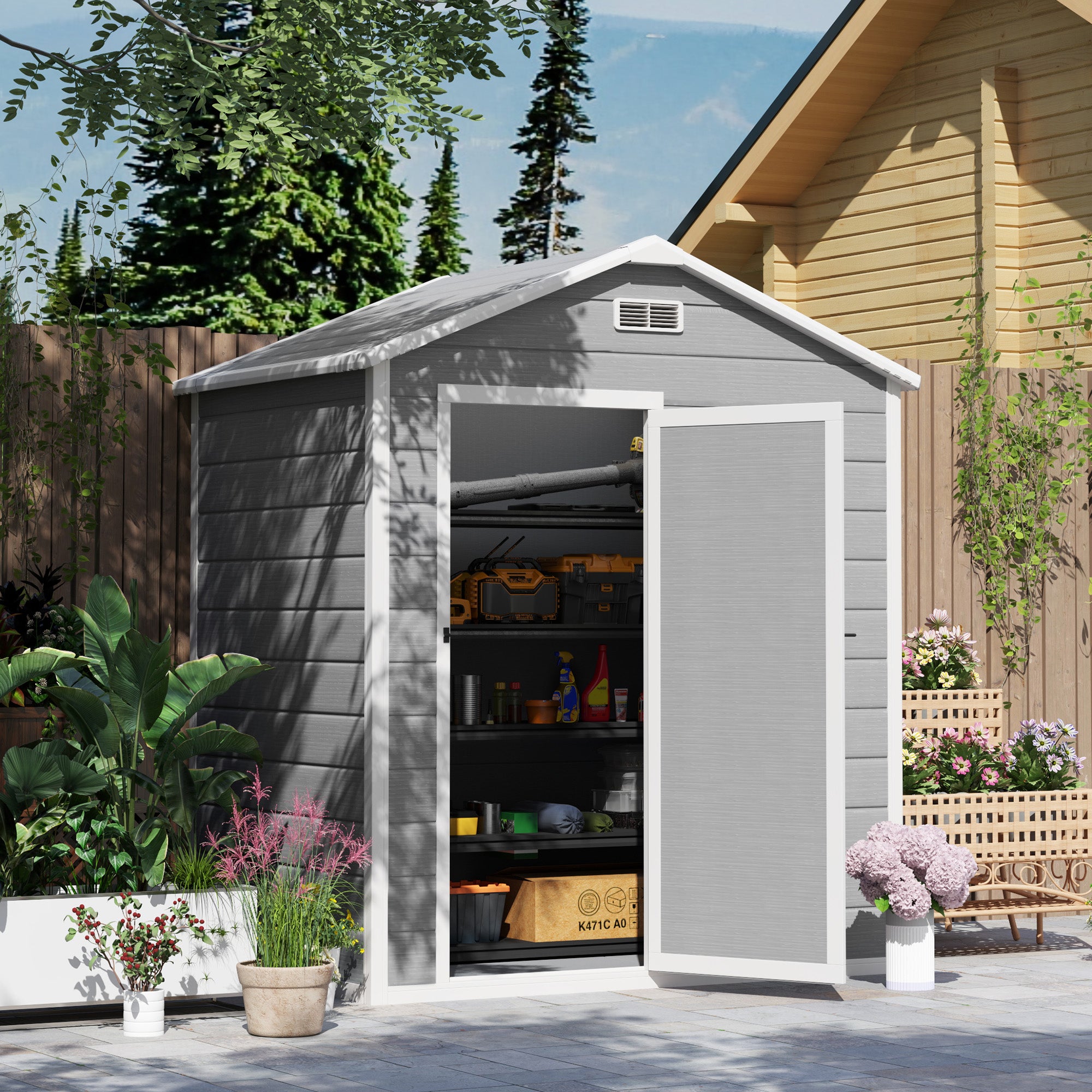 Outdoor Shed with Foundation, Lockable Door, Vents, Windows, Plastic, Grey