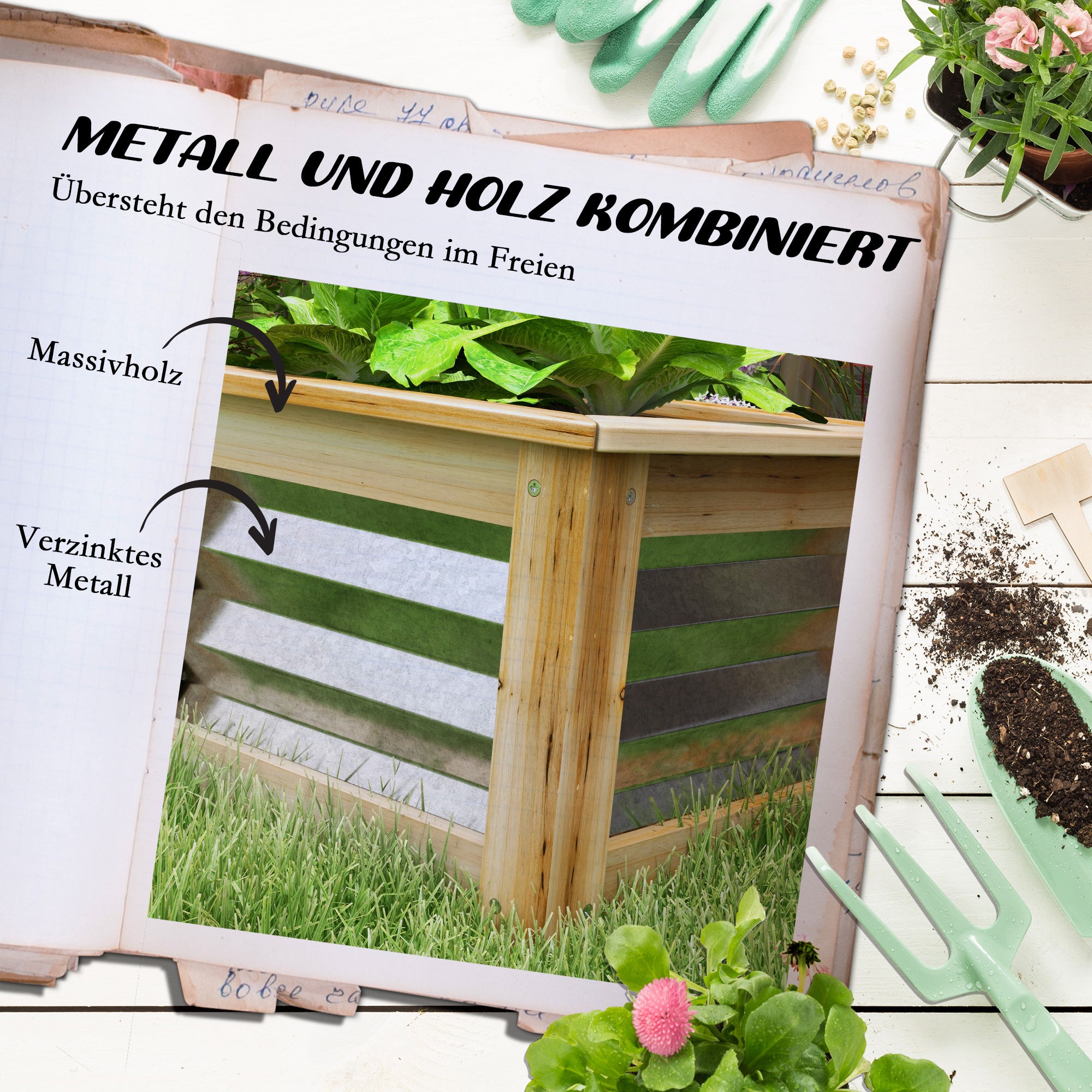 Raised Bed, 90x45x30cm, Robust & Weatherproof, Metal & Wood