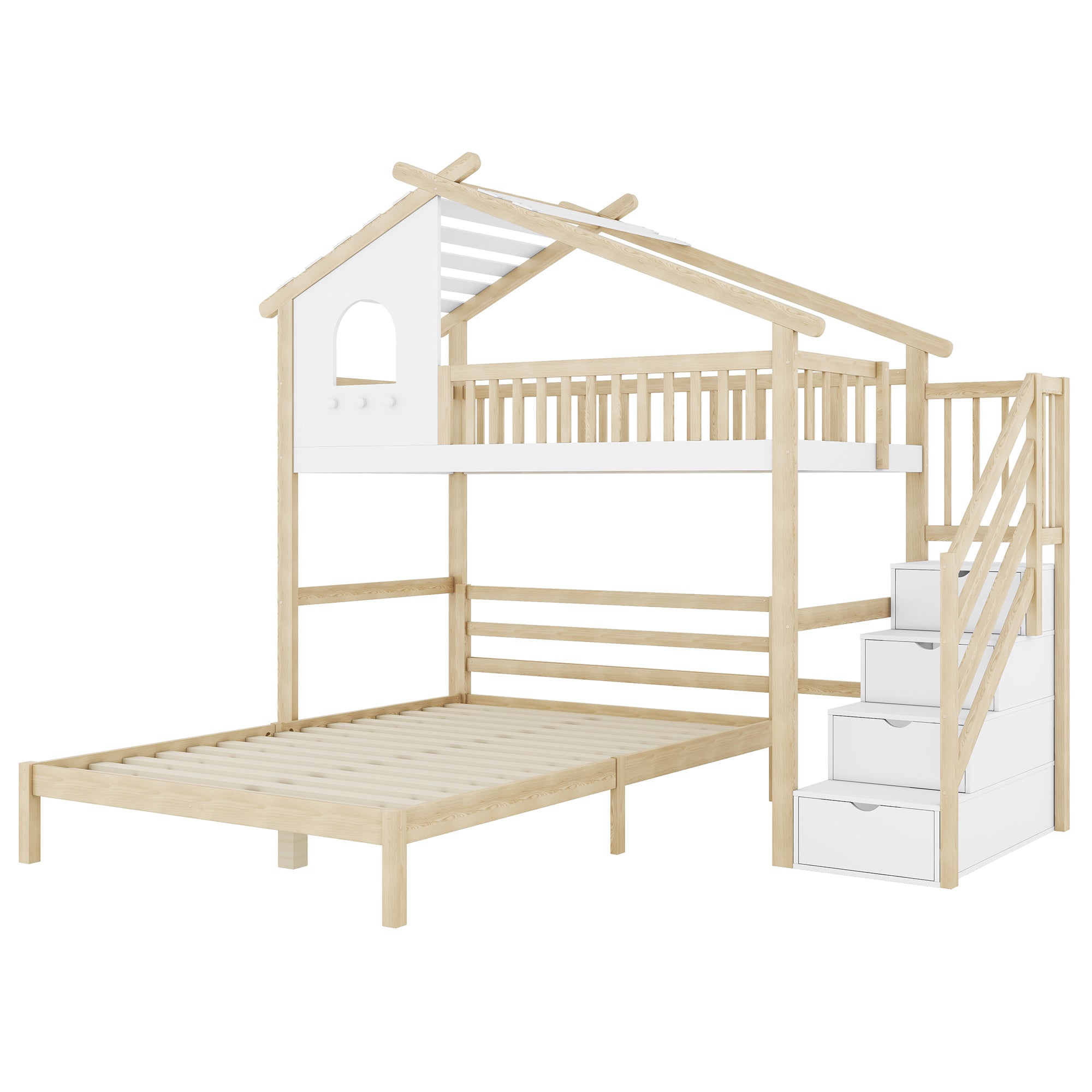 Bunk Bed with Storage Ladder, Bed Rail & Window, White + Natural