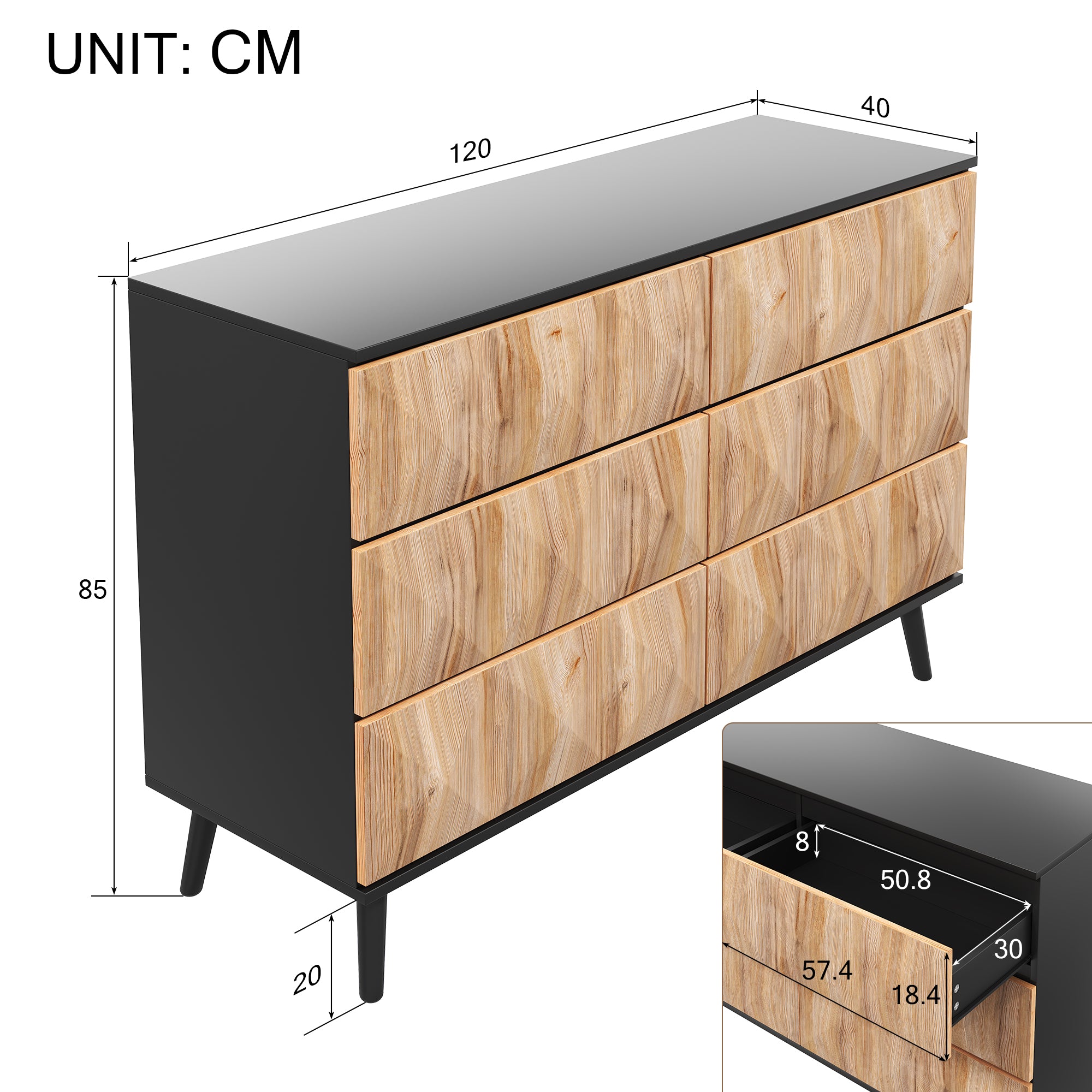 Sideboard and Chest of Drawers, Raised Doors, Black and Natural Wood