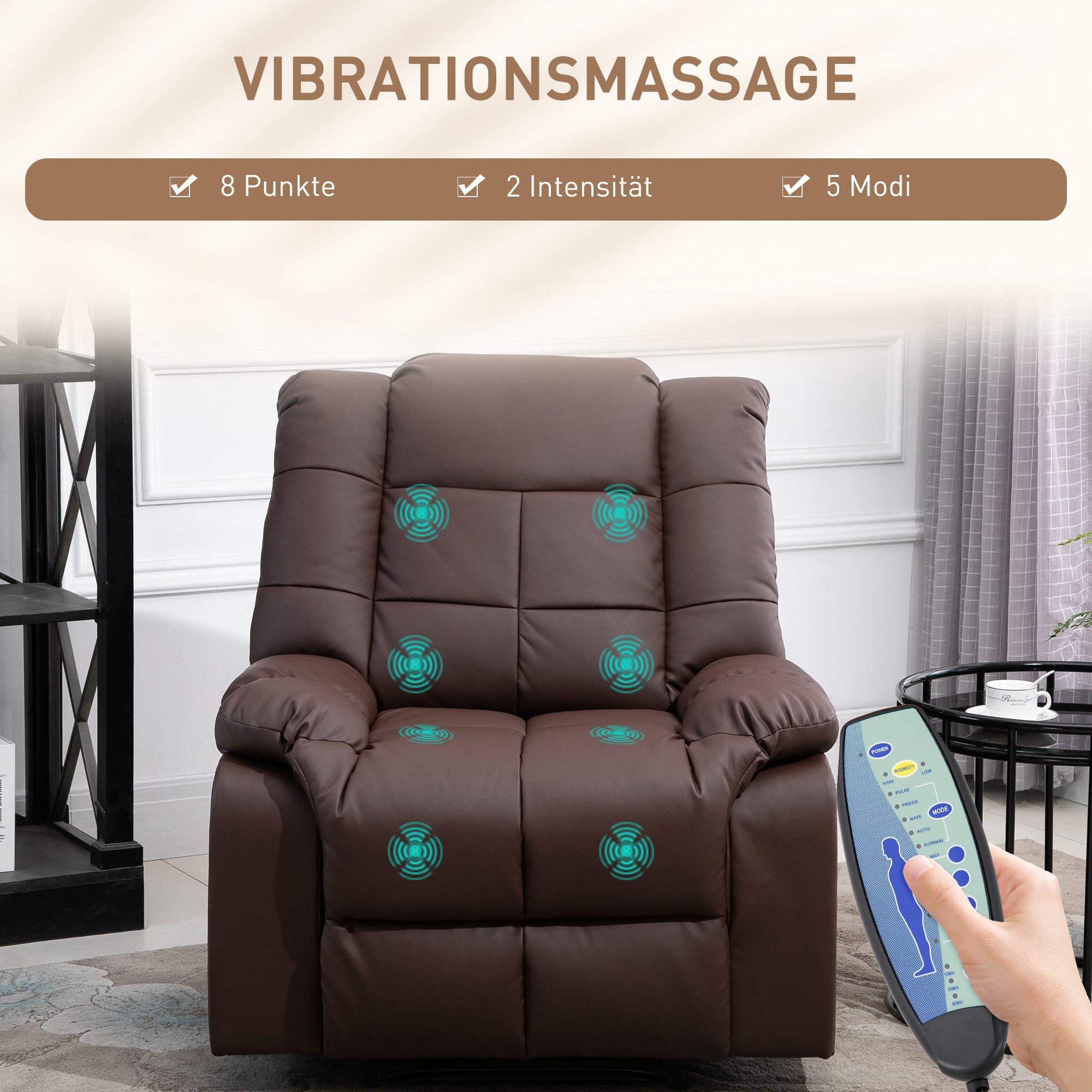 Electric TV Recliner, 165° Reclining 8 Massage Points Remote Control, Faux Leather Brown