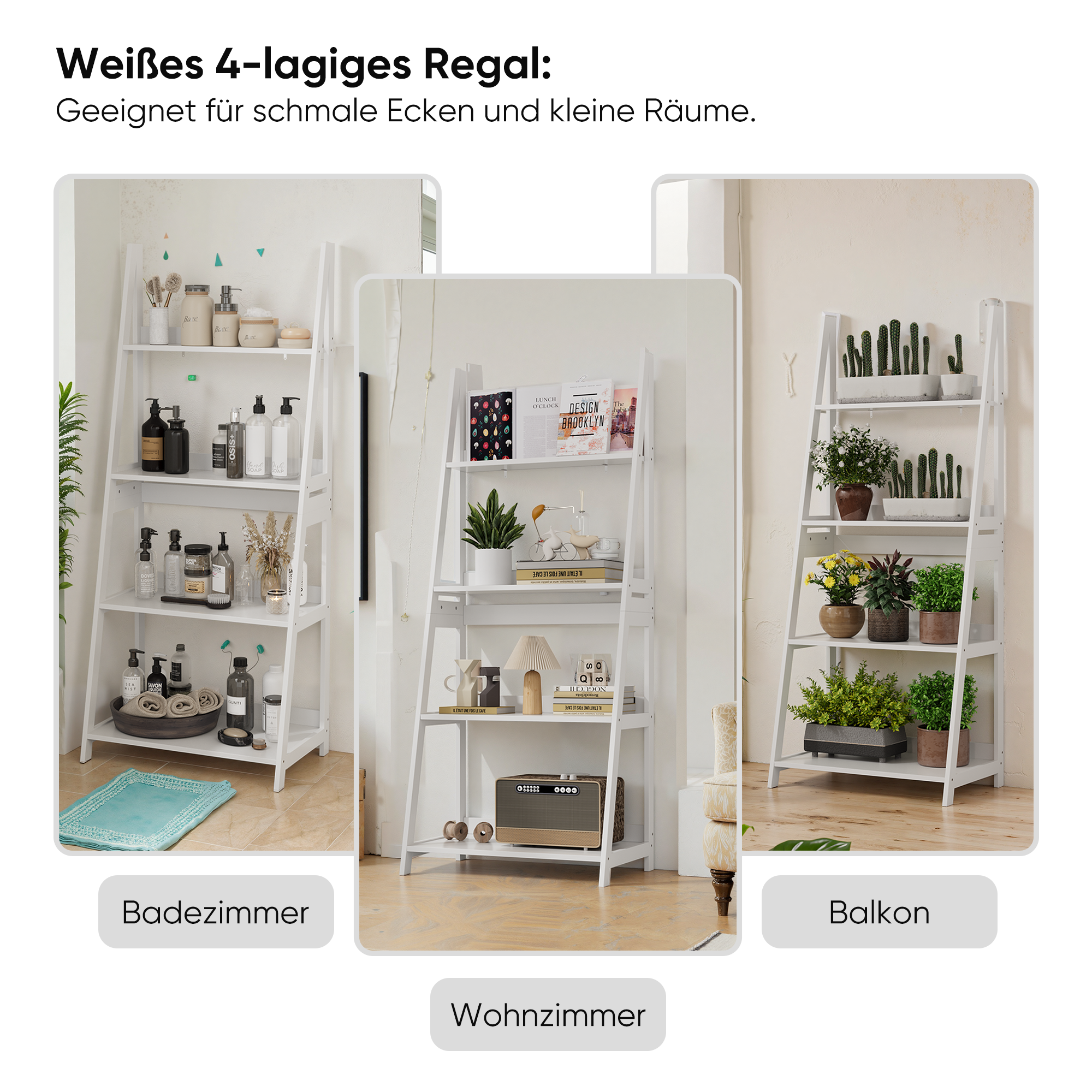 Ladder Bookshelf Display Stand, 4-Tier Bookcase, Bathroom Storage, White