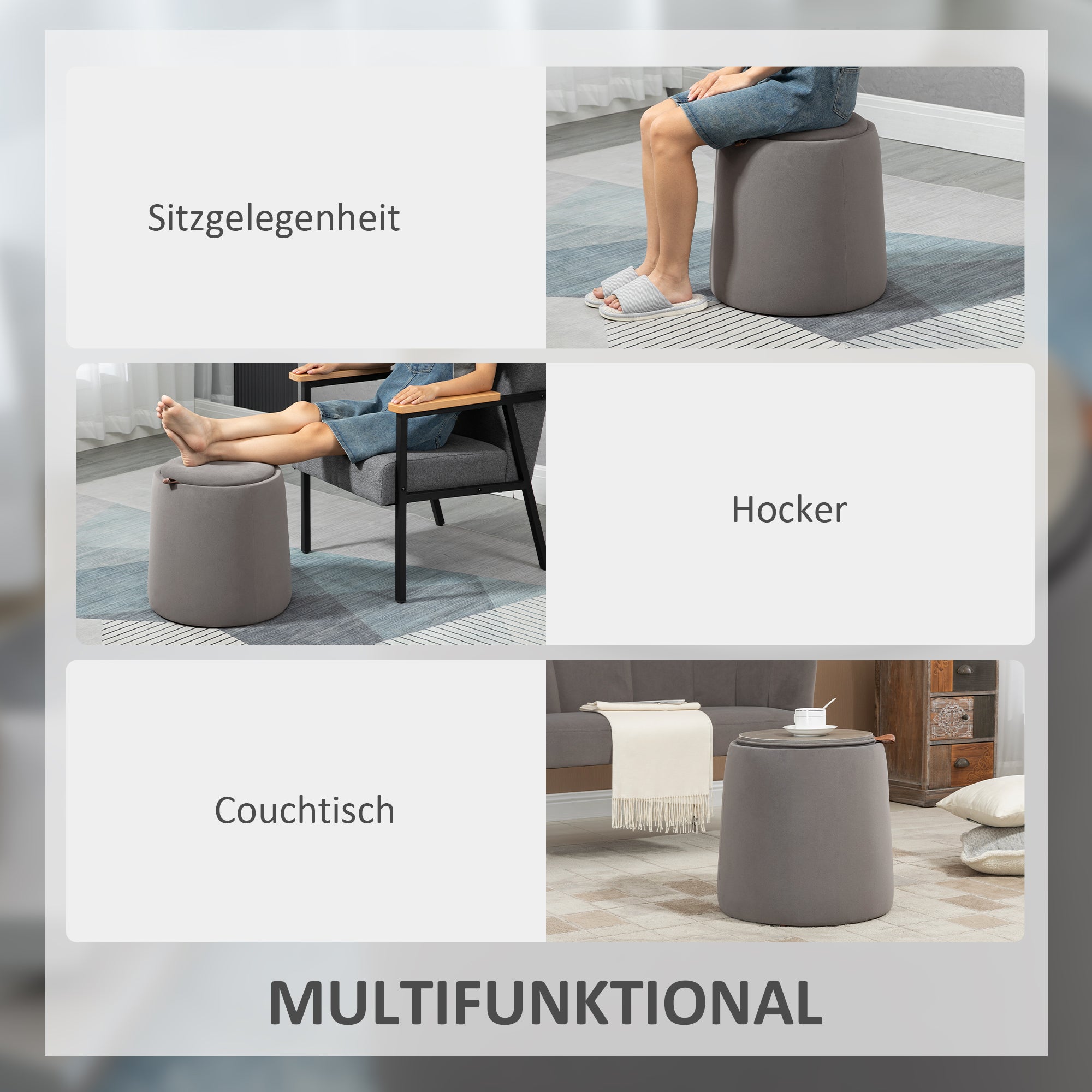 2-in-1 Ottoman/Footstool Round Upholstered with Storage Velvet, Dark Grey