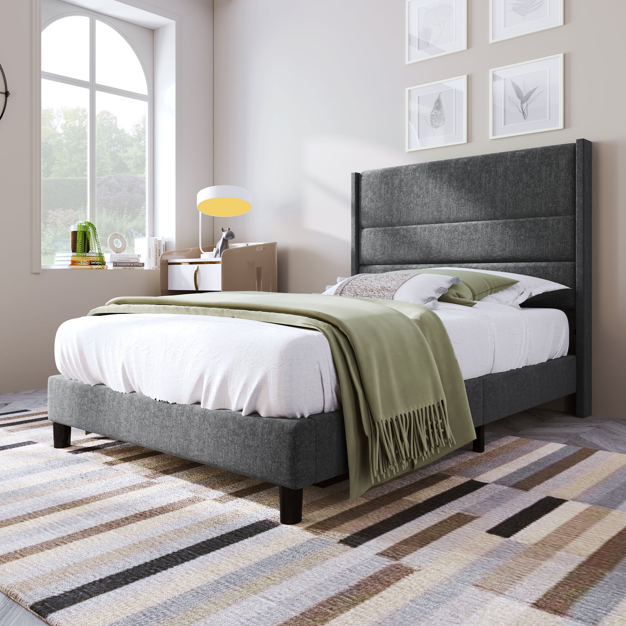 Upholstered Bed: Slatted Frame & Headboard, 90x200cm, Grey Linen