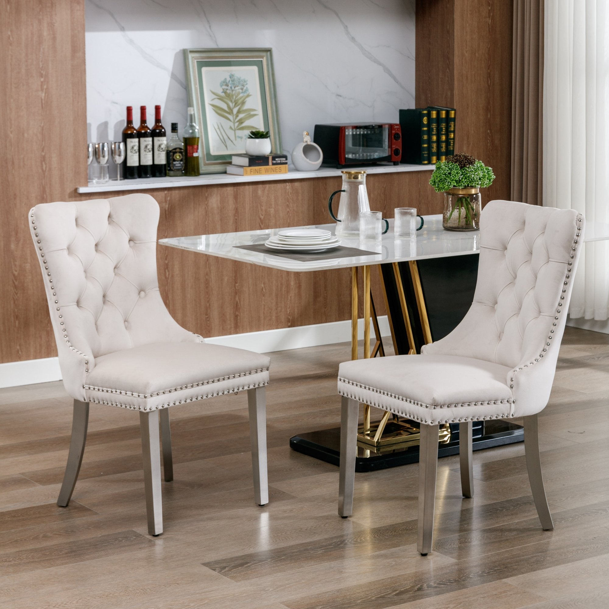 Nikki Collection Tufted Dining Chair, Set of 2, Chrome Stainless Steel Legs, Nailhead Trim, Velvet Beige and Chrome