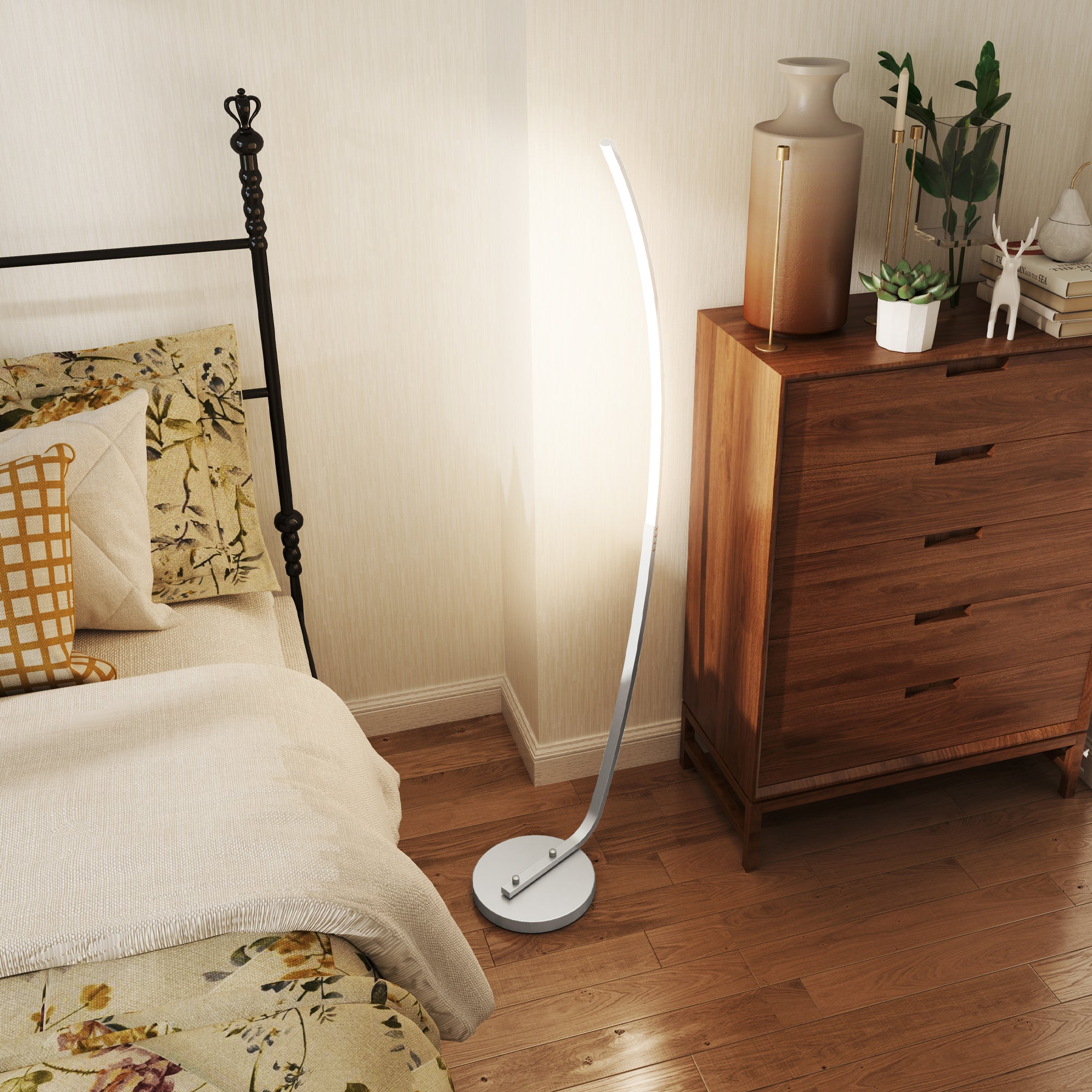 LED Floor Lamp Dimmable with Foot Switch for Living Room Bedroom, Silver