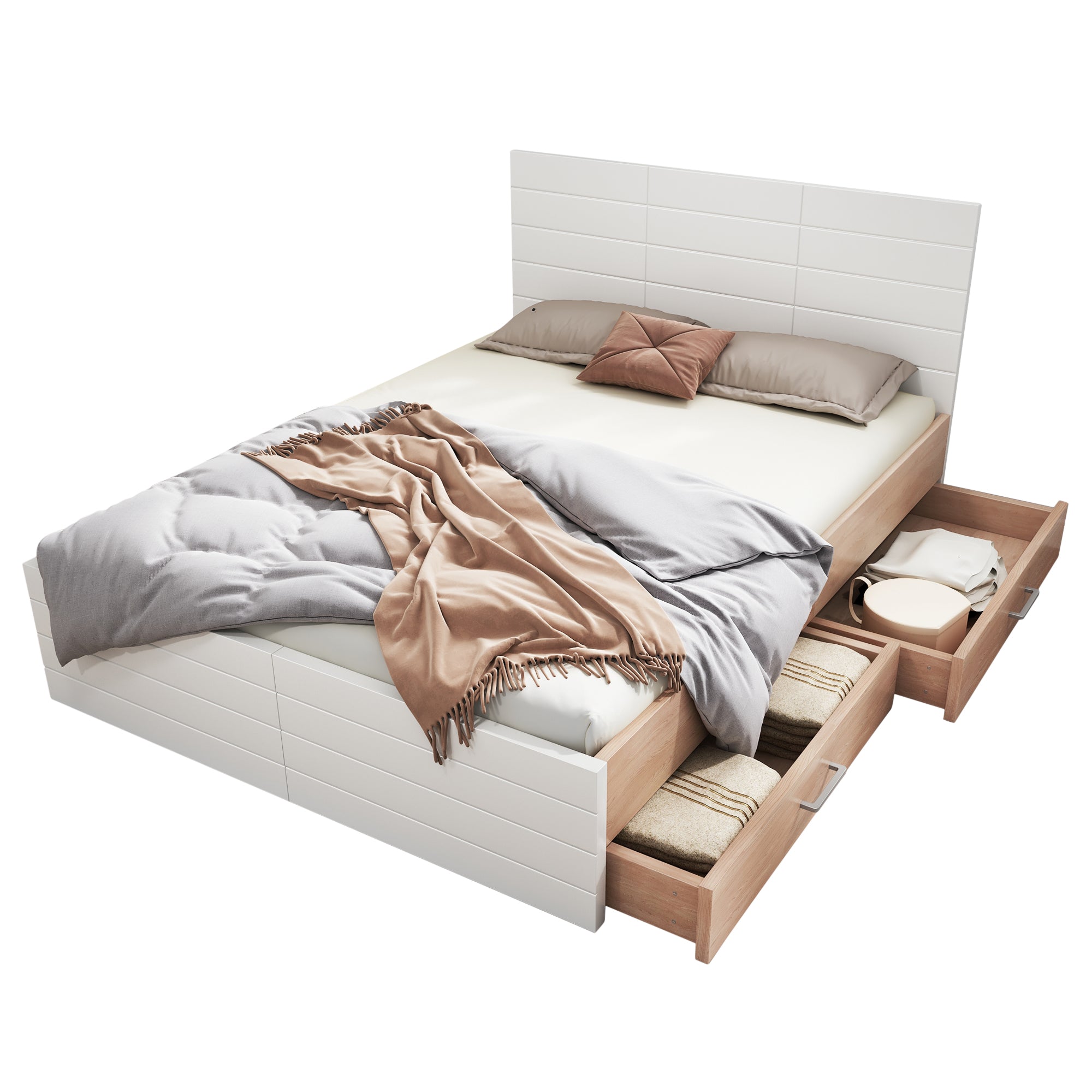 Double Wooden Bed, 160x200cm with 2 Drawers & Slatted Frame, Oak/White