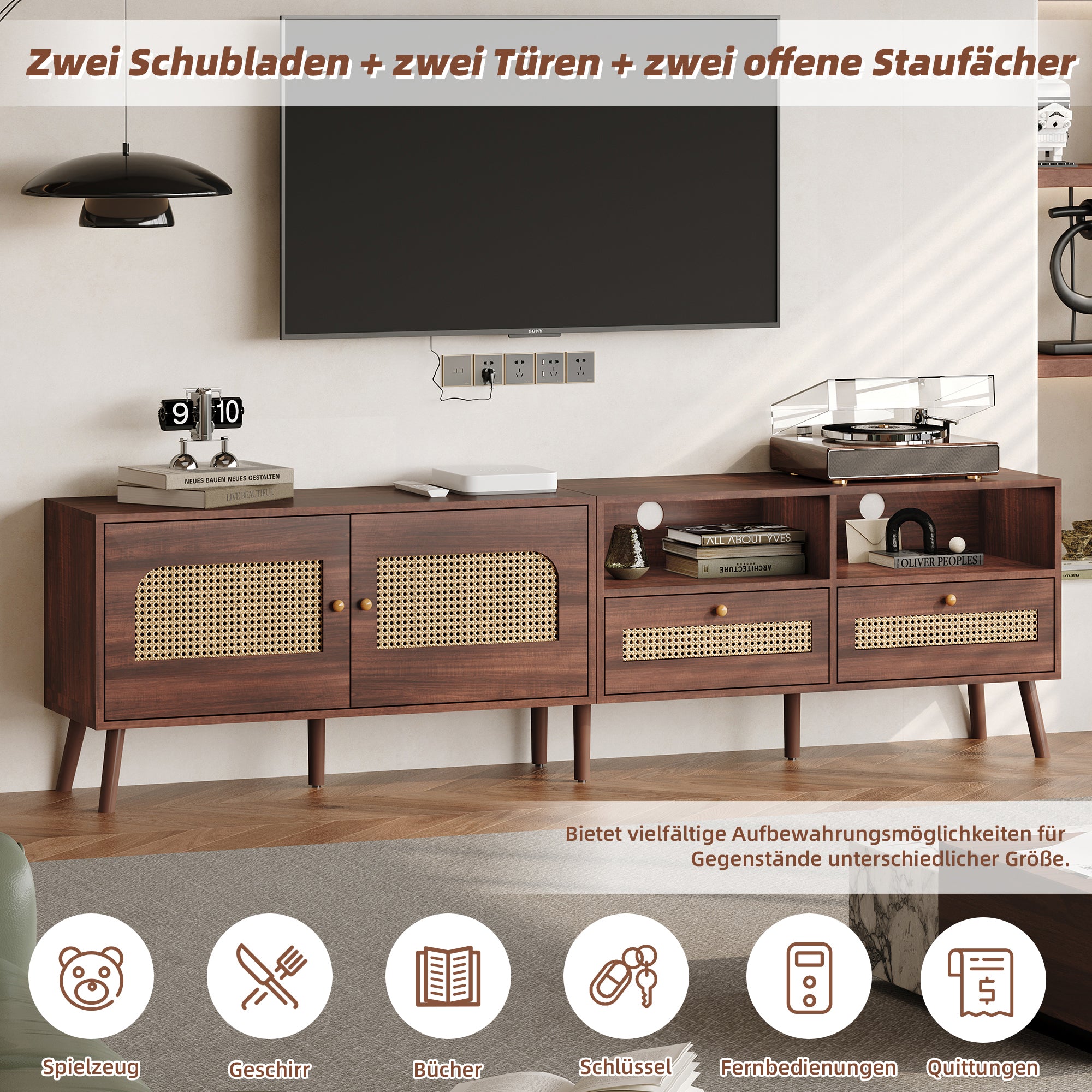 TV Cabinet, 80-inch with Rattan Doors & Drawers, Brown