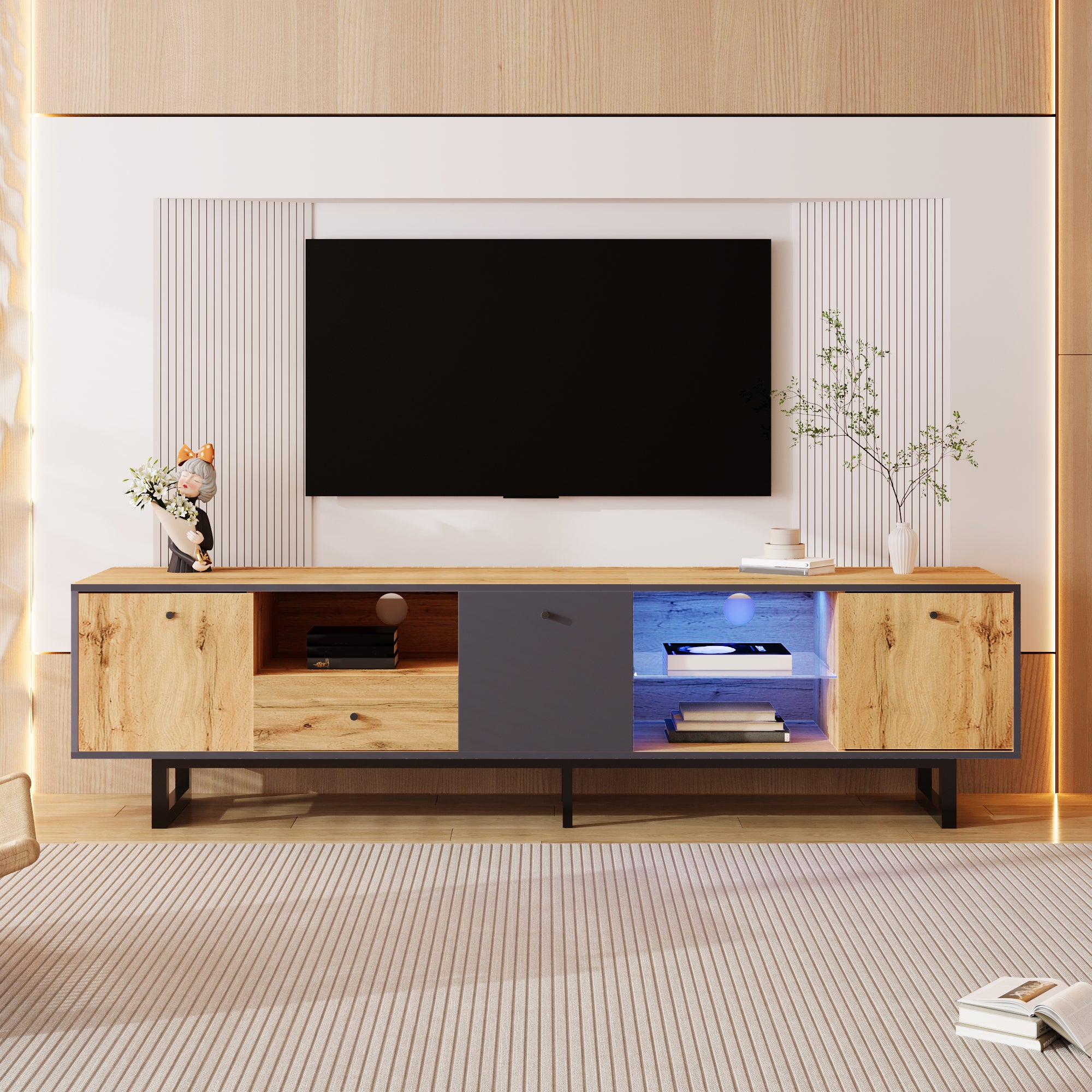 Lowboard TV Cabinet, LED Light & Glass Partition, Color-Matching Design