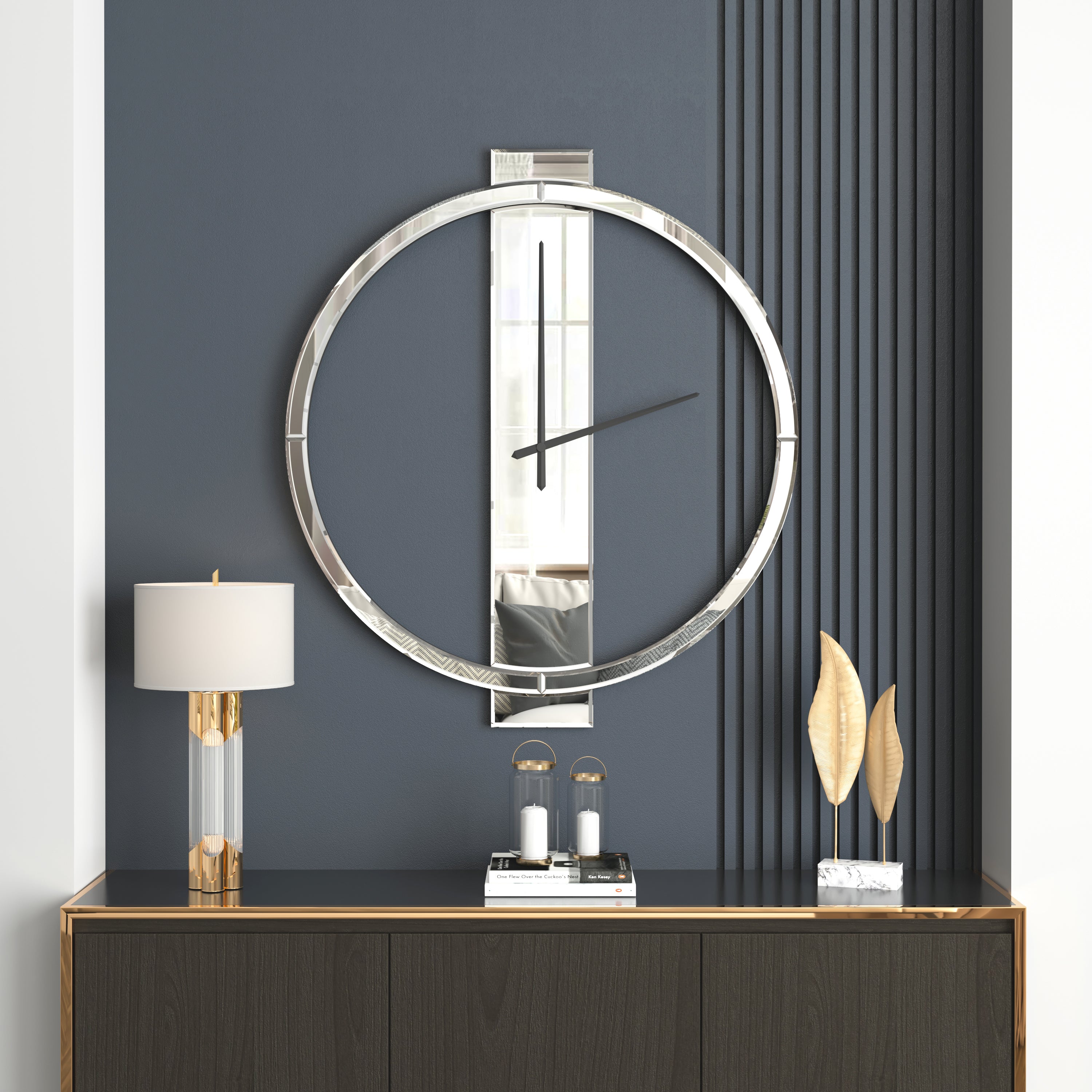 Modern Wall Clock Large Decorative 23" Mirror Glass Finish
