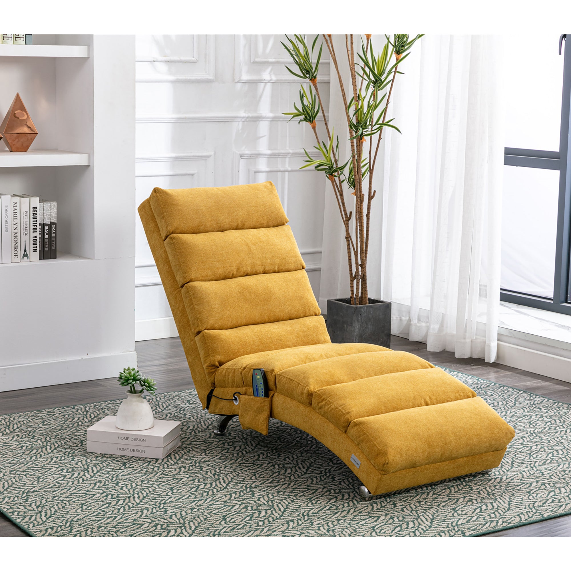 GOMYWAY Chaise Lounge Fixed Recliner Sofa with Vibration and Side Pocket, Linen