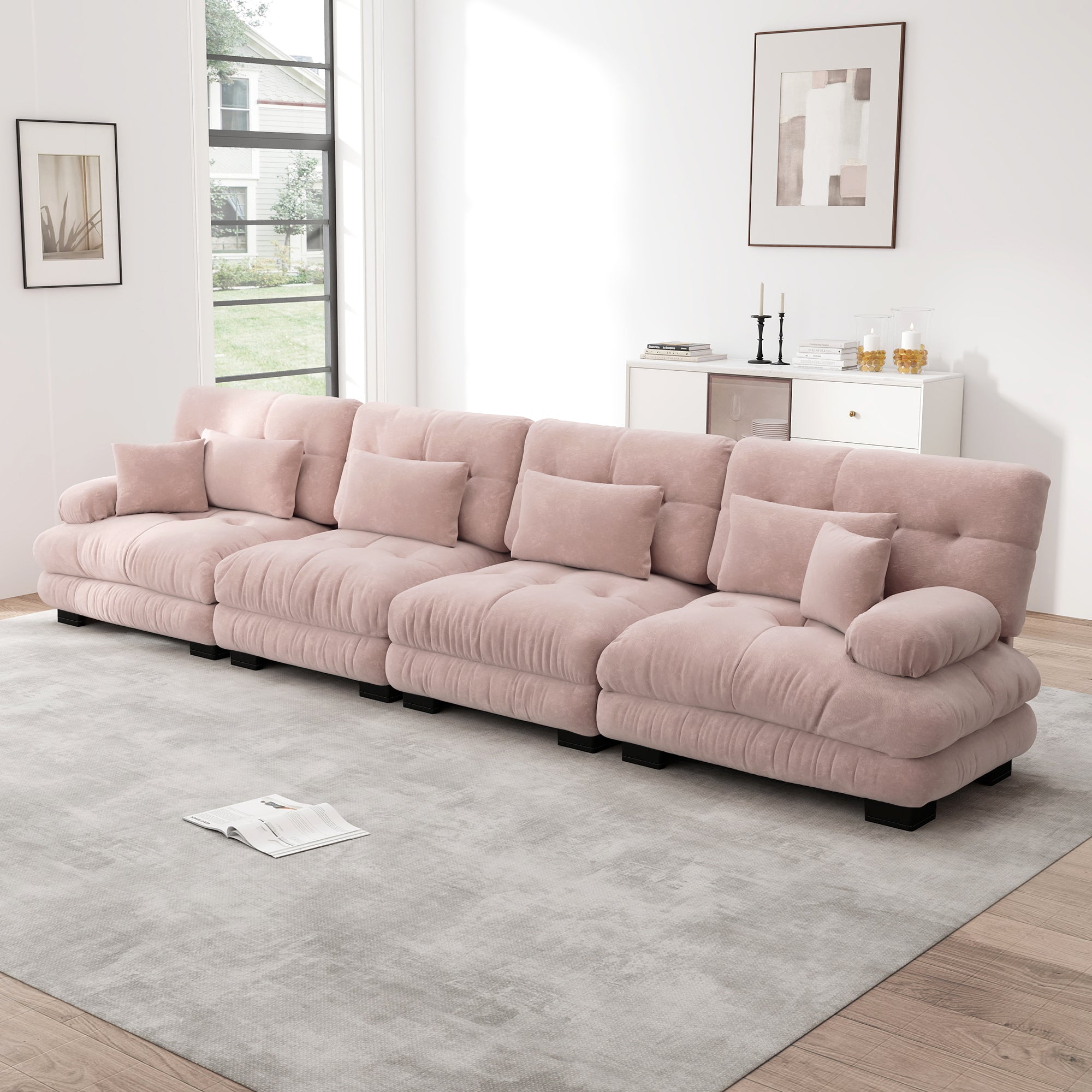 4-Seater Modular Corner Sofa, Deep Seat Sofa Bed, Chenille Pink