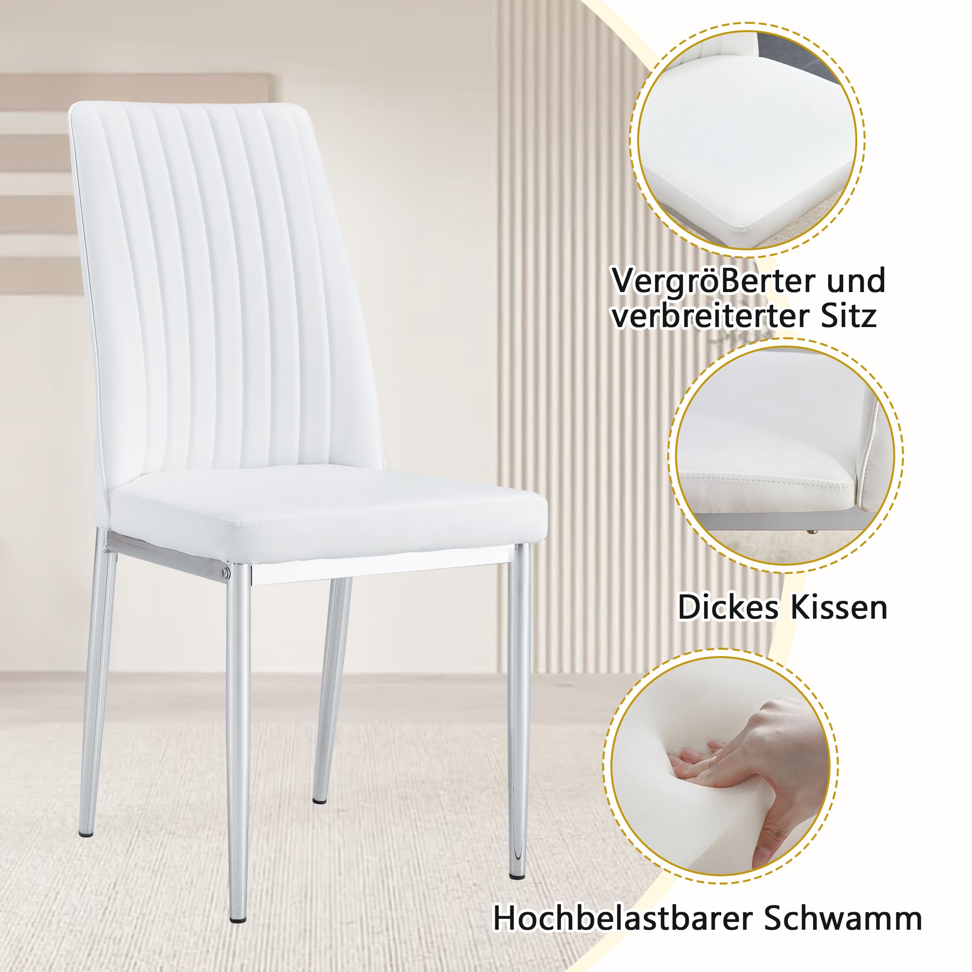 Table Set, Rectangular Dining Table with Storage Shelf and 4 Armchairs, White Faux Leather