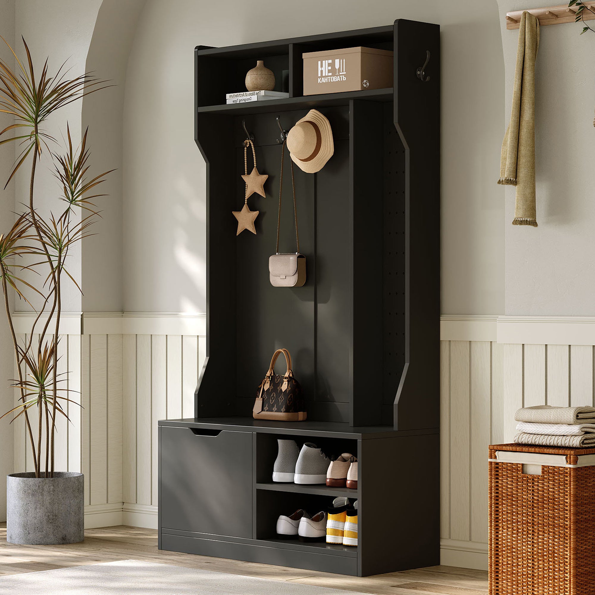 Wardrobe Set Hallway Bench Storage 6 Hooks Black