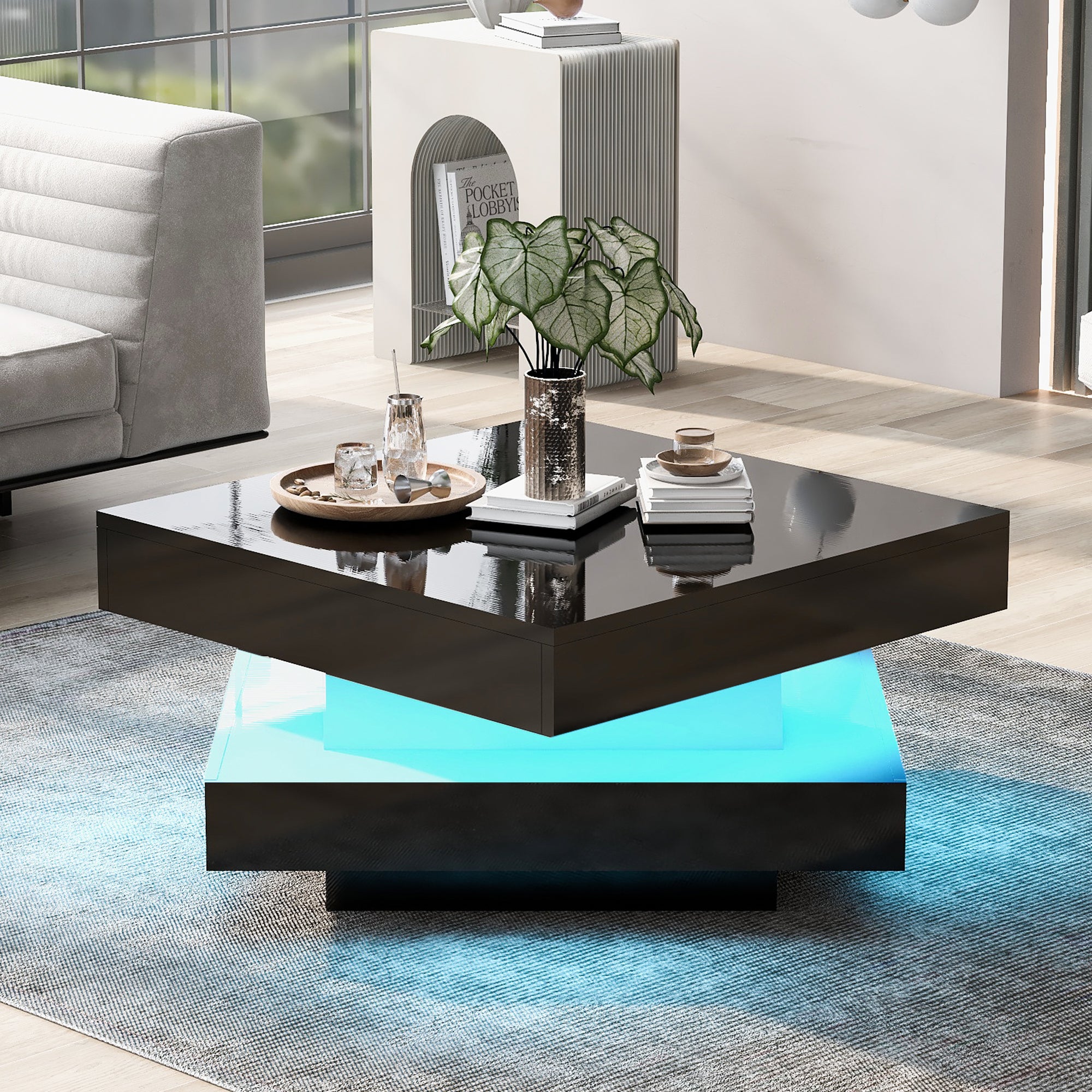 Square Coffee Table Rotating Top 16 LED Lights - High-Gloss Black