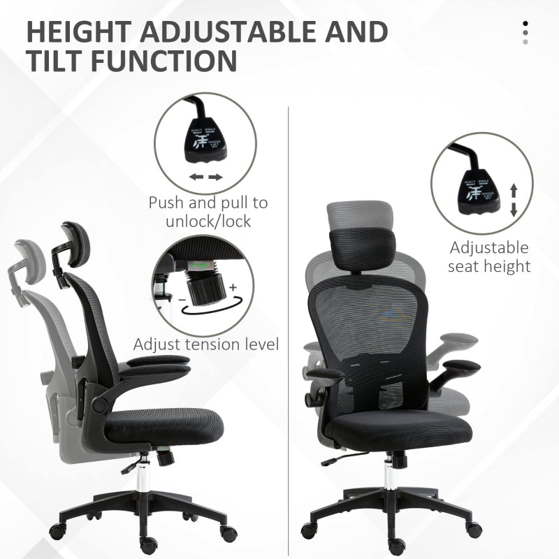 Multi-Adjustable Office Chair, Lumbar Support Headrest Mesh Back - Black