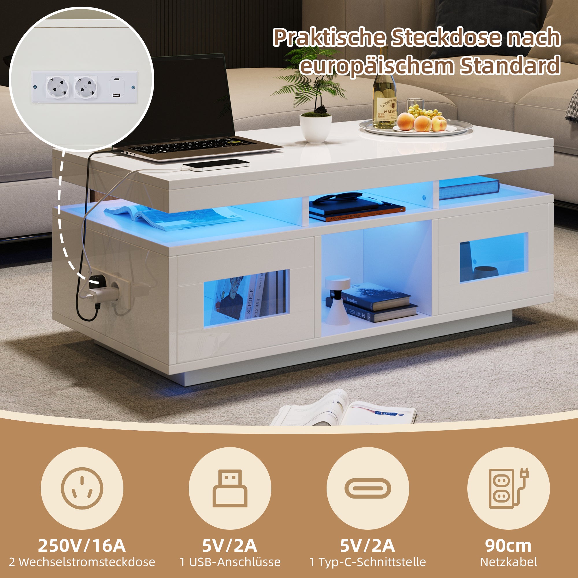 Coffee Table 100x50x43cm LED Lights Charging Port High-Gloss White
